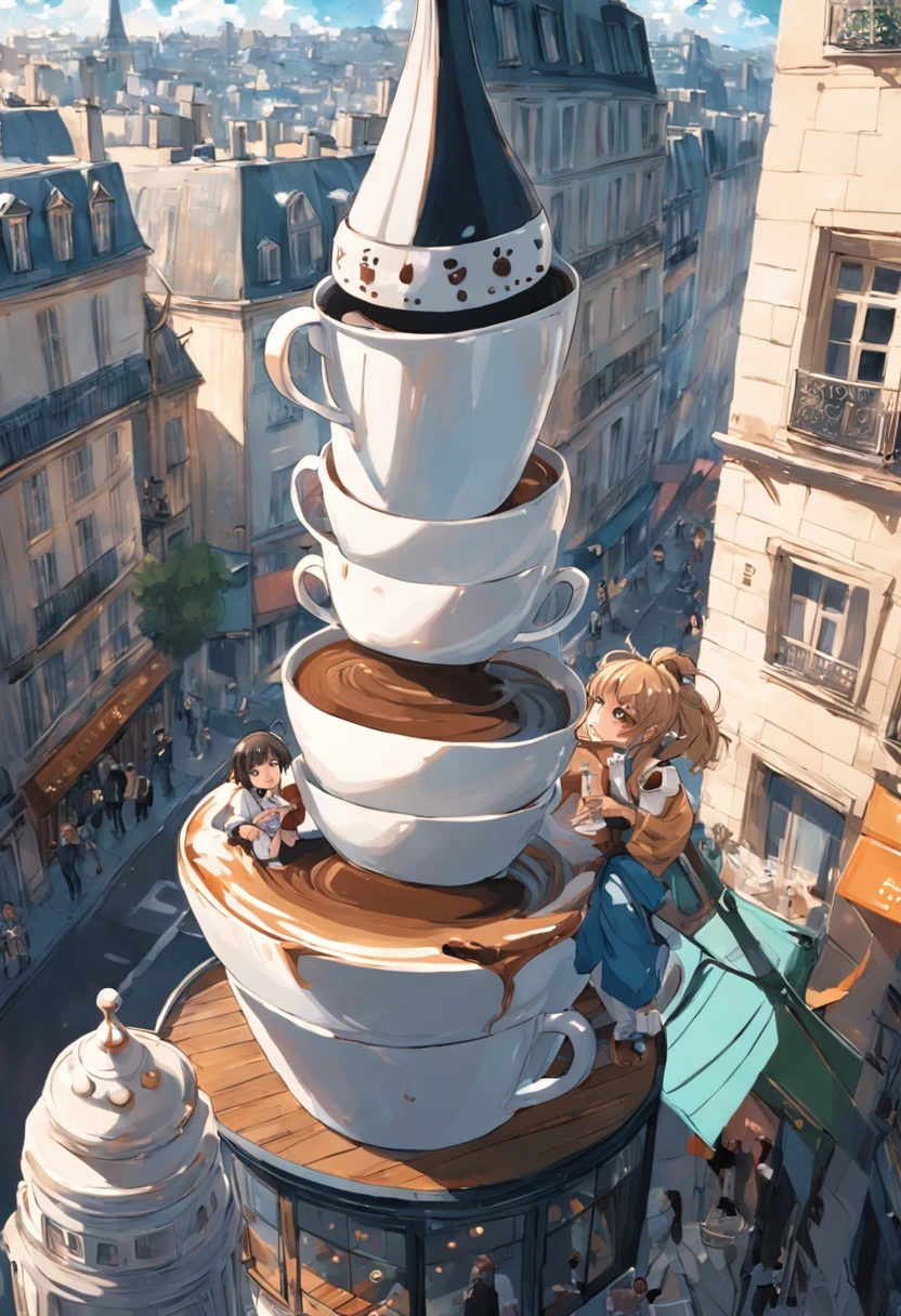 On a spring day in Paris, couples sit in cafés at intersections, drinking coffee. Atop one café is a huge white sculpted coffee cup, looking as though the coffee is about to spill out.