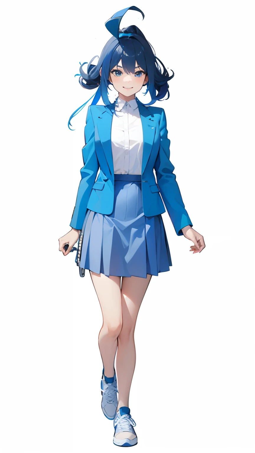 High school girl closes up and smiles, Long blue hair, blue jacket, White shirt, Short blue skirt, Blue and white sneakers