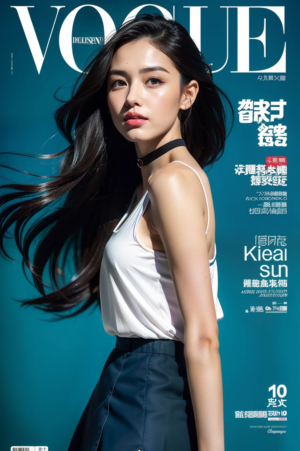(8K分辨率,Photos above the knee in the distance,offcial art,Cover of a,(FashionMagCover:1.4),attention-grabbing,Oversized title font,Catchy,The title is larger,More eye-catching,modern day),(1womanl,20yr old,(Facial features of Thai Aom:1.8,s delicate face),Lovely face,com rosto detalhado,详细的脸,Jet-black slightly curly hair,(Fluffy and messy, with layers),Redlip,Fair smooth skin,(Fashionable casual womenswear:1.4,(Sleeveless slip T-shirt(The bandeau is light and thin,breathable),pleatedskirt(obi strip,Delicate satin),Short waist long version,V-neck shirt,choker necklace,Formal shirts,校服,a skirt,suspender stockings),Tall and tall,walk,Embrace nature,perfect hand,Ultra-fine clothing material),(Background in the city,Exquisite environmental details,MagazineCover:1.4),(exhilarated,confident smile,Rejoice),(Cover typography,profesional lighting,动态照明),((Strong color contrast,(black in color,blue colors,red colour))),(Golden section,Cover of a,low angle shot,Dynamic photography,Hasselblad photograp,tmasterpiece:1.3),(trendsetting,focus-on,vogue cover,Dynamic street art,Art platform)