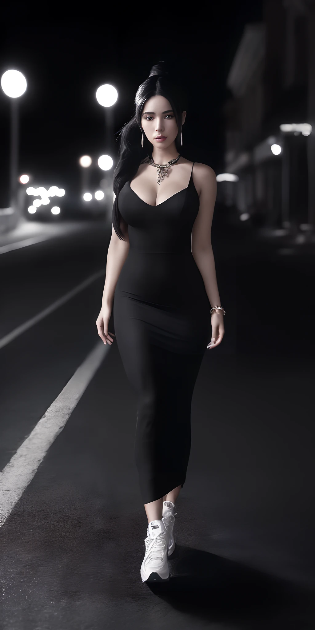 (full body shot)a East European woman, luminous design, masterpiece, best quality, extremely detailed 8k, ultra hd, ultra-detailed, highly detailed, highly realistic, (ultra-realistic), hyperrealistic, Real life style, (((top quality, masterpiece: 1.3)), (masterpiece), (best quality), (ultra-detailed), image of a beautiful girl with a very long black hair wearing a sexy party dress and colorful high sneakers, walking on the street, (medium breasts, ponytail, hourglass figure)), (in a street with many luxurious shops, at night), cinematic lighting, (full body shot), depth of field, ultra fine details, detailed clothing, detailed scenery, (perfect face, detailed face, detailed eyes) (cinematic:1.5)(Top Quality, 8k, 32k, Masterpiece, UHD: 1.3)