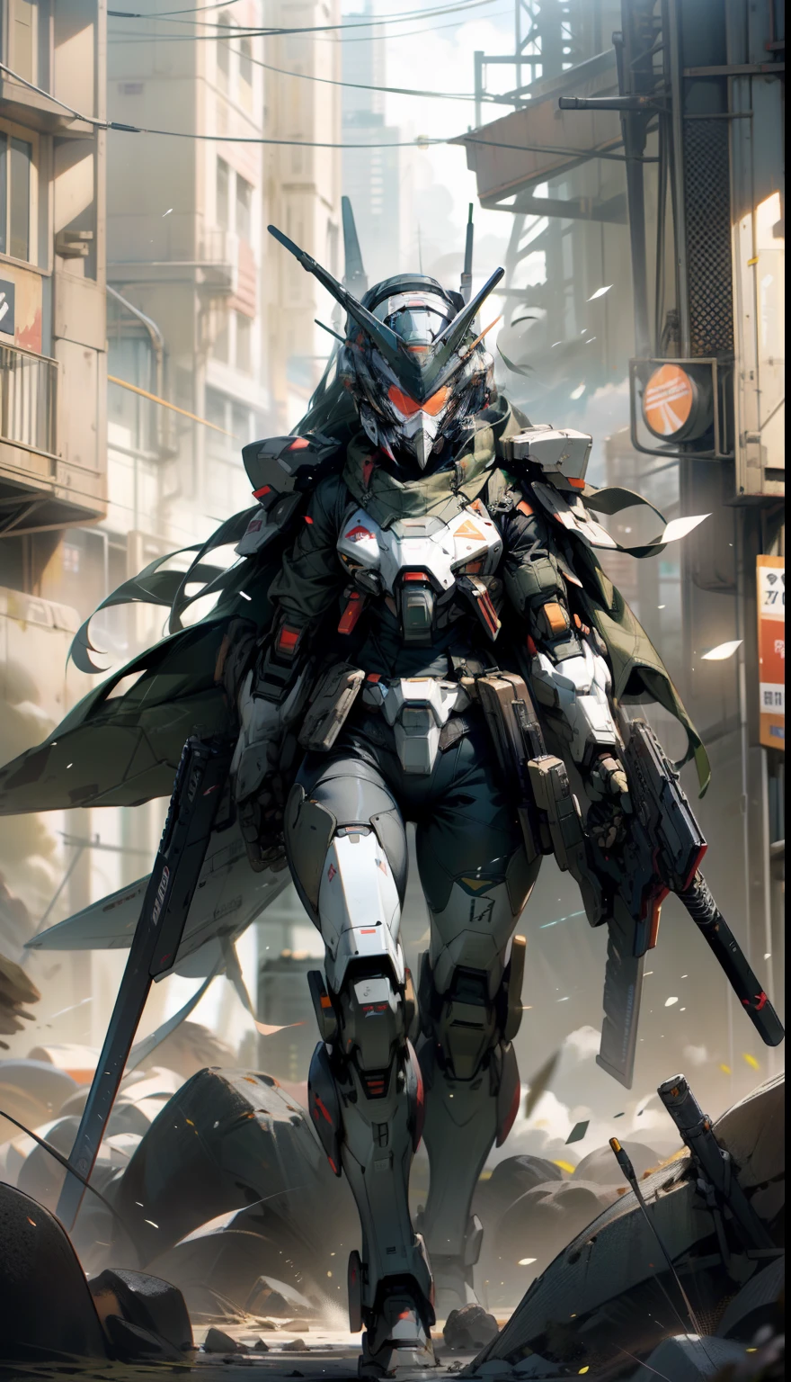 ((Best Quality)), ((Masterpiece)), (Very detailed: 1.3), 8K, cool painting, full of sci-fi, gunsmith, tank armor division with huge shield, heavy gundam, mask covering face, holding shield in the air, super large mechanical shield, heavy weapon, heavy machine gun, sniper rifle, cannon, Gatling machine gun scattered on the ground, carrying weapon firearm, pistol on the waist, sniper rifle on the back, super cool tank armor, weapon god, Gundam humanoid mecha, anime mecha aesthetics, Perfect Body Proportions, Heads-Up View, Standing Pose, Military Giant Mech, Missiles, Rocks, Future Technology, Realism, Clouds in the Sky, Dark War Background, Ray Tracing, Light Particles, NVIDIA Trtx, Super Resolution, Unreal 5, Subsurface Scattering, Specular and Albedo Map, Rule of Thirds, Large Aperture, Battle Stance, 8K Raw Data, High Efficiency Sub-pixels, Subpixel Convolution, Light Particles, Light Scattering, Tyndall Effect, Ray Tracing.