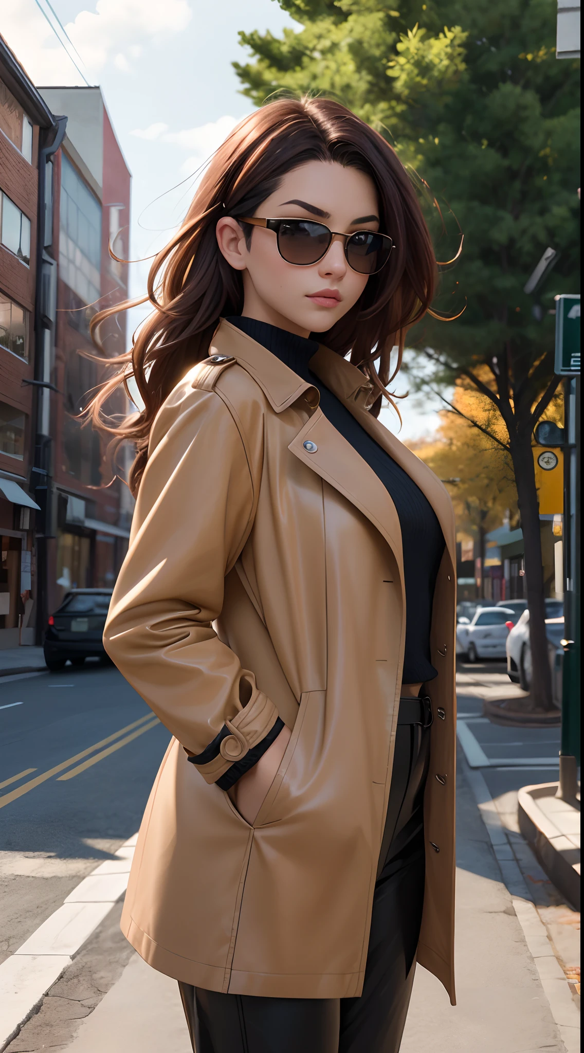 a beautiful woman with voluminous orange-brown long hair, featuring well-defined and deep facial features, her eyes emanate a resolute gaze, she is dressed in a form-fitting leather jacket and pants in shades of dark red and dark yellow, layered over her attire is a loose oversized trench coat, her movements convey an air of restlessness and unease, the character design portrays a punk-style character with a Japanese anime design, the artwork features finely detailed character design, showcasing a mature Japanese manga artistic style, ((character concept art)), high definition, best quality, ultra-detailed, extremely delicate, anatomically correct, symmetrical face, extremely detailed eyes and face, high quality eyes, creativity, RAW photo, UHD, 8k, (Natural light, professional lighting:1.2, cinematic lighting:1.5, best shadow), (masterpiece:1.5)
