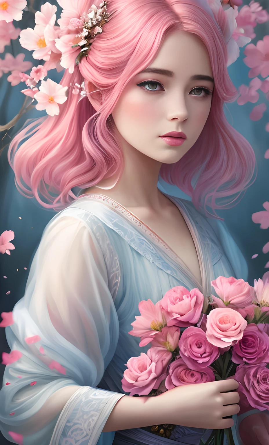 uma mulher com cabelo rosa e uma coroa de flores no cabelo, estilo de arte de fantasia, No estilo de arte de Bowater, 8k arte detalhada de alta qualidade, retrato bonito da arte da fantasia, Beautiful digital illustration, retrato de fantasia digital, realistic fantasy illustration, arte de fantasia digital ), retrato da arte da fantasia, Arte digital realista 4K, Arte digital realista 4K, exquisite digital illustration