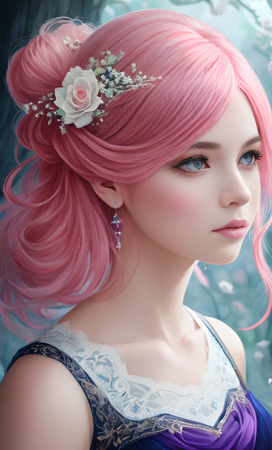 uma mulher com cabelo rosa e uma coroa de flores no cabelo, estilo de arte de fantasia, No estilo de arte de Bowater, 8k arte detalhada de alta qualidade, retrato bonito da arte da fantasia, Beautiful digital illustration, retrato de fantasia digital, realistic fantasy illustration, arte de fantasia digital ), retrato da arte da fantasia, Arte digital realista 4K, Arte digital realista 4K, exquisite digital illustration