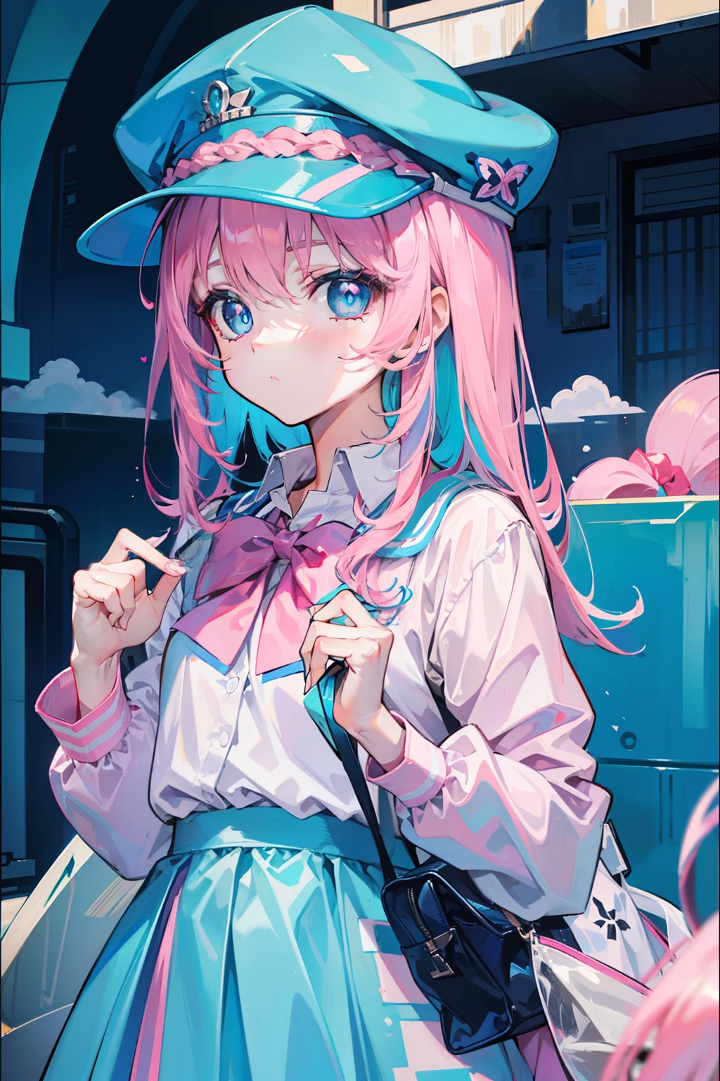 light pink colored hair，Powder-blue pupils，Wear a school uniform with a combination of pink and blue，Milk loli，a beauty girl