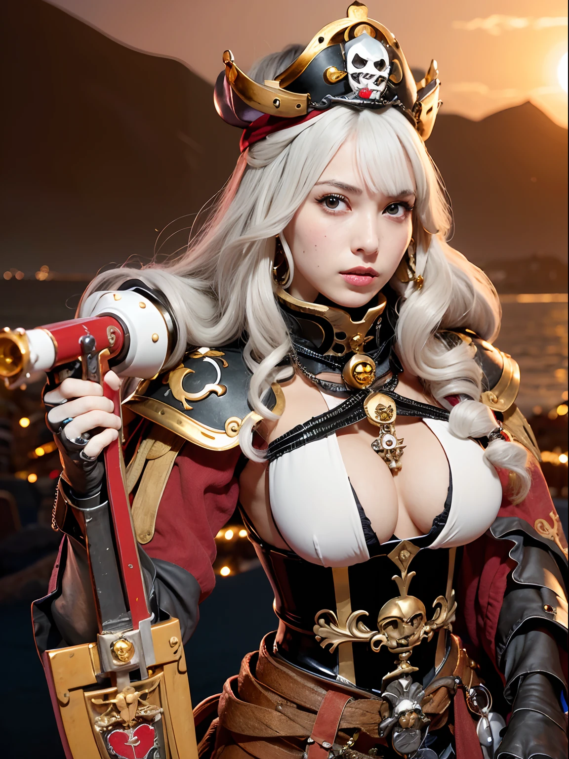 (masutepiece), Professional , masterpiece、top-quality、photos realistic , depth of fields (Gemstone Silver Metal Body:1.9),(Matte White、(Put on a detailed pirate hat)、Jewel Gold Weapon(Jewel Metal Body:1.4),(Gorgeous metal weapons) , Detailed Sword of the Brave , 20 year old girl ,Pirate Ship、warhammer 40k , The port town、adepta sororitas,Detail and ornate jewel crown、Black hair、Gangle's forest background、Young Caucasian beauty、1a person、dynamic ungle,(((Detailed and ornate diamond crown)))、Smaller head、A smile、Take a sexy pose、Thin and beautiful female hands、cleavage of the breast、Soldier in iron armor on background、A port city with a view of the sea、Pirate Ship、