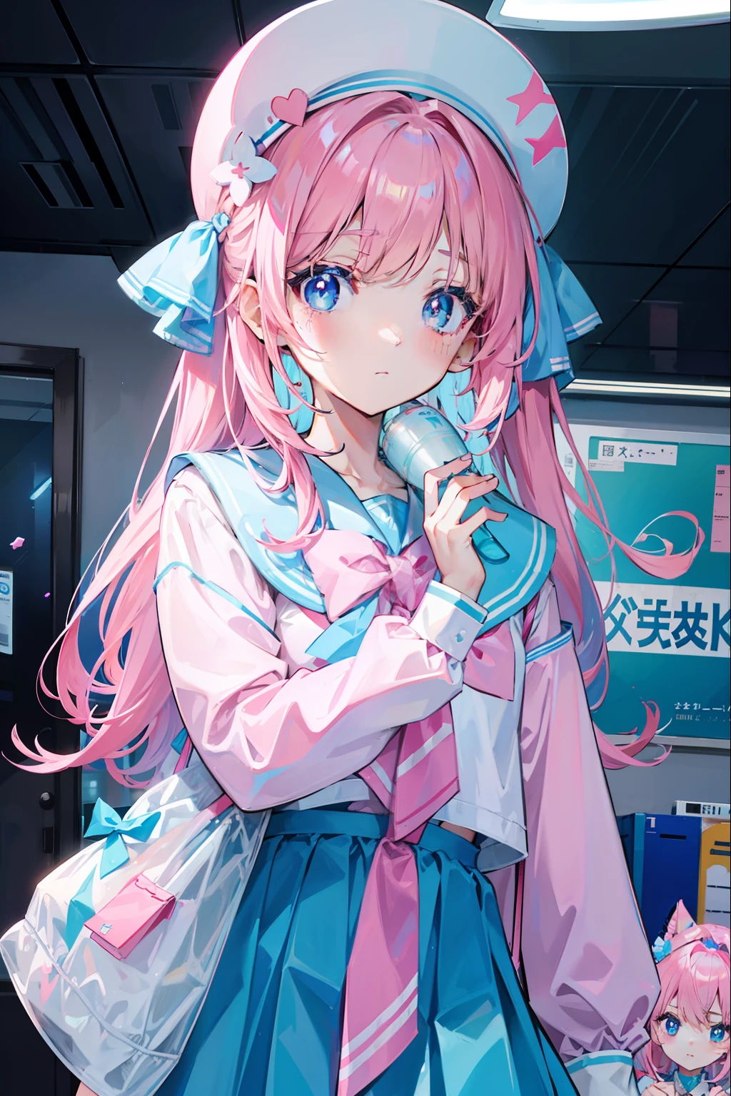 light pink colored hair,Powder-blue pupils,Wear a school uniform with a combination of pink and blue,Milk loli,a beauty girl