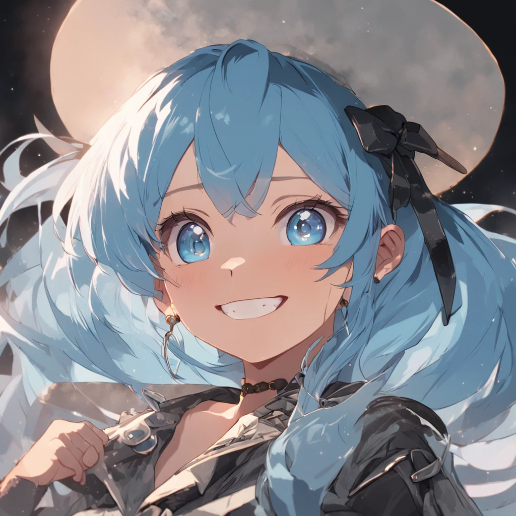light blue hair, hair bow, blank eyes, earrings, smile, cowboy shot, Eye-Level Shot, modern, character chart, from below, ray tracing, UHD, best quality, 16k, textured skin, masterpiece, masterpiece, retina, best quality, highres, 16k, high details, super detail