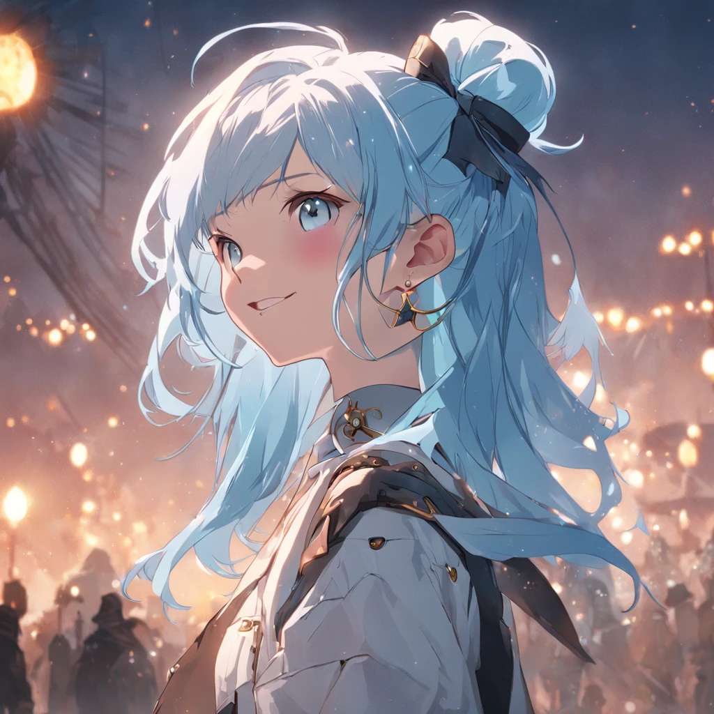 light blue hair, hair bow, blank eyes, earrings, smile, cowboy shot, Eye-Level Shot, modern, character chart, from below, ray tracing, UHD, best quality, 16k, textured skin, masterpiece, masterpiece, retina, best quality, highres, 16k, high details, super detail