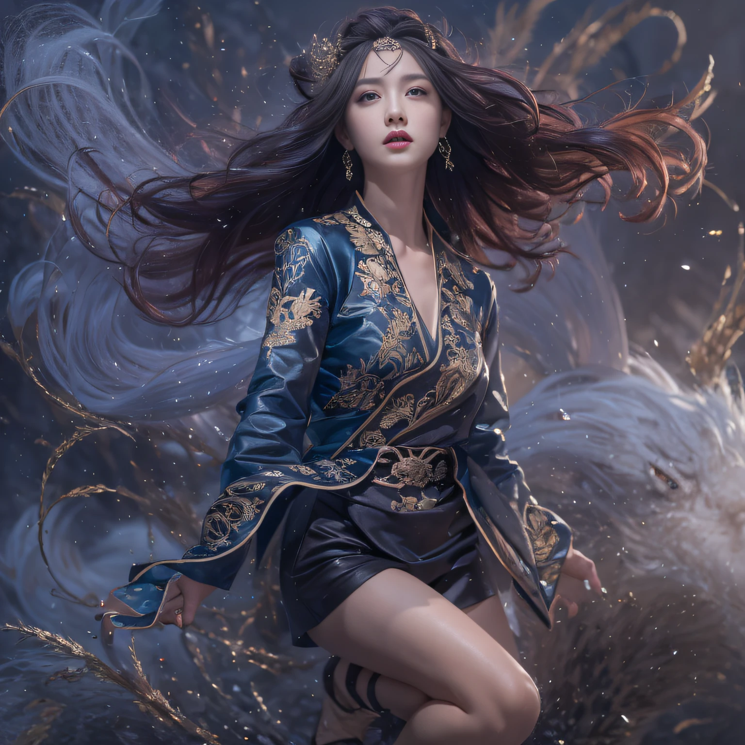 32K(tmasterpiece,k hd,hyper HD,32K)Long flowing bright purple hair,Autumn Pond,zydink, a color, Asian people (Silly girl), (Silk scarf), Combat posture, looking at the ground, long whitr hair, Floating bright purple, Fire cloud pattern gold tiara, Chinese long-sleeved gold silk garment, (abstract ink splash:1.2), white backgrounid,Lotus protector(realisticlying:1.4),Bright purple hair,Smoke on the road,The background is pure, A high resolution, the detail, RAW photogr, Sharp Re, Nikon D850 Film Stock Photo by Jefferies Lee 4 Kodak Portra 400 Camera F1.6 shots, Rich colors, ultra-realistic vivid textures, Dramatic lighting, Unreal Engine Art Station Trend, cinestir 800,Long flowing bright purple hair