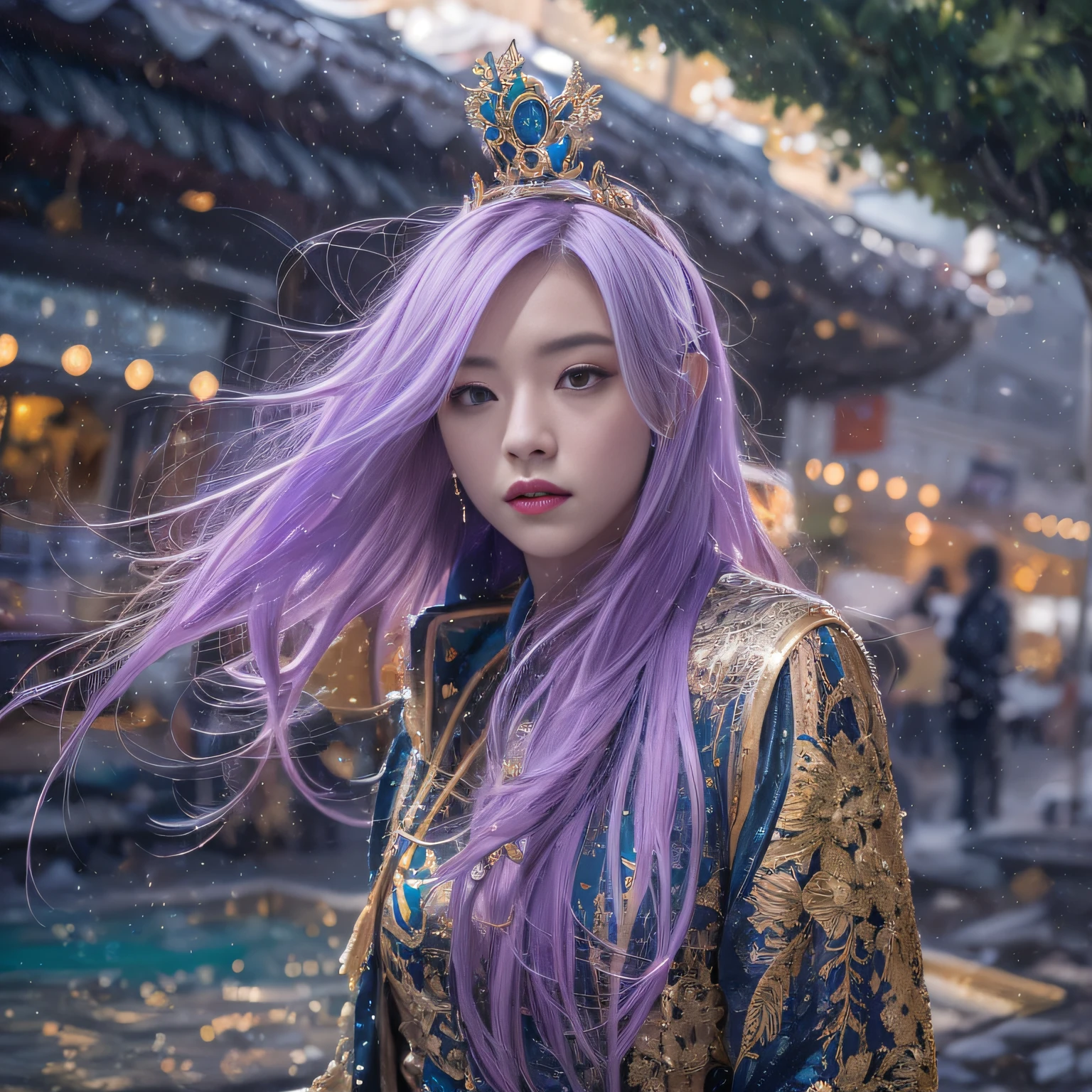 32K（tmasterpiece，k hd，hyper HD，32K）Long flowing bright purple hair，Autumn Pond，zydink， a color，  Asian people （Silly girl）， （Silk scarf）， Combat posture， looking at the ground， long whitr hair， Floating bright purple， Fire cloud pattern gold tiara， Chinese long-sleeved gold silk garment， （abstract ink splash：1.2）， white backgrounid，Lotus protector（realisticlying：1.4），Bright purple hair，Smoke on the road，The background is pure， A high resolution， the detail， RAW photogr， Sharp Re， Nikon D850 Film Stock Photo by Jefferies Lee 4 Kodak Portra 400 Camera F1.6 shots, Rich colors, ultra-realistic vivid textures, Dramatic lighting, Unreal Engine Art Station Trend, cinestir 800，Long flowing bright purple hair