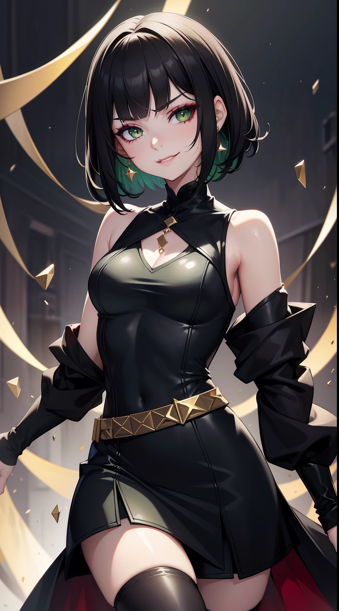 young girl, short black hair, Green eyes, black tight dress, Gold Elements, red elements, black eye shadow, Green lipstick, smirk, Masterpiece, hiquality