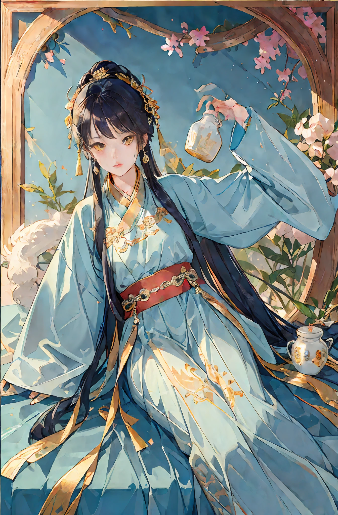 Anime girl sitting on bed holding teacup in blue dress, Palace , A girl in Hanfu, Guviz-style artwork, Digital art on Pixiv, trending on artstation pixiv, flowing magical robe, Guweiz in Pixiv ArtStation, ((a beautiful fantasy empress)), Beautiful character painting, trending on cgstation