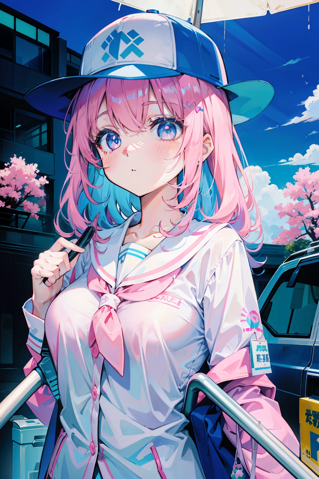 light pink colored hair,Powder-blue pupils,Wear a school uniform with a combination of pink and blue,Milky loli,super beautifulgirl