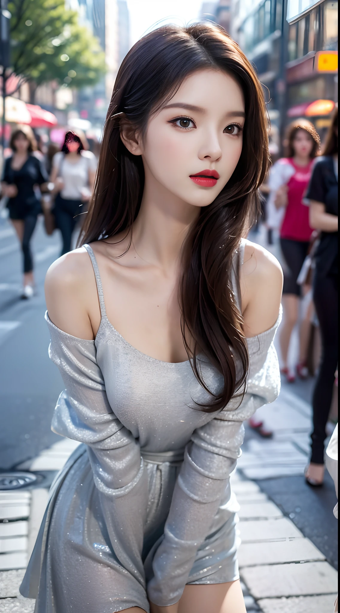 Urban Beautiful Girl College Student，tmasterpiece，Light makeup，Redlip，Silvery hair，Messy long hair，streets background，gracefulness，Elegance。ultra fine detailed，Works of masters，Authentic texture，Cinematic lighting realism，perfect works，8K，k hd，Delicate facial features，Slim figure，Big bright eyes，Smooth skin，