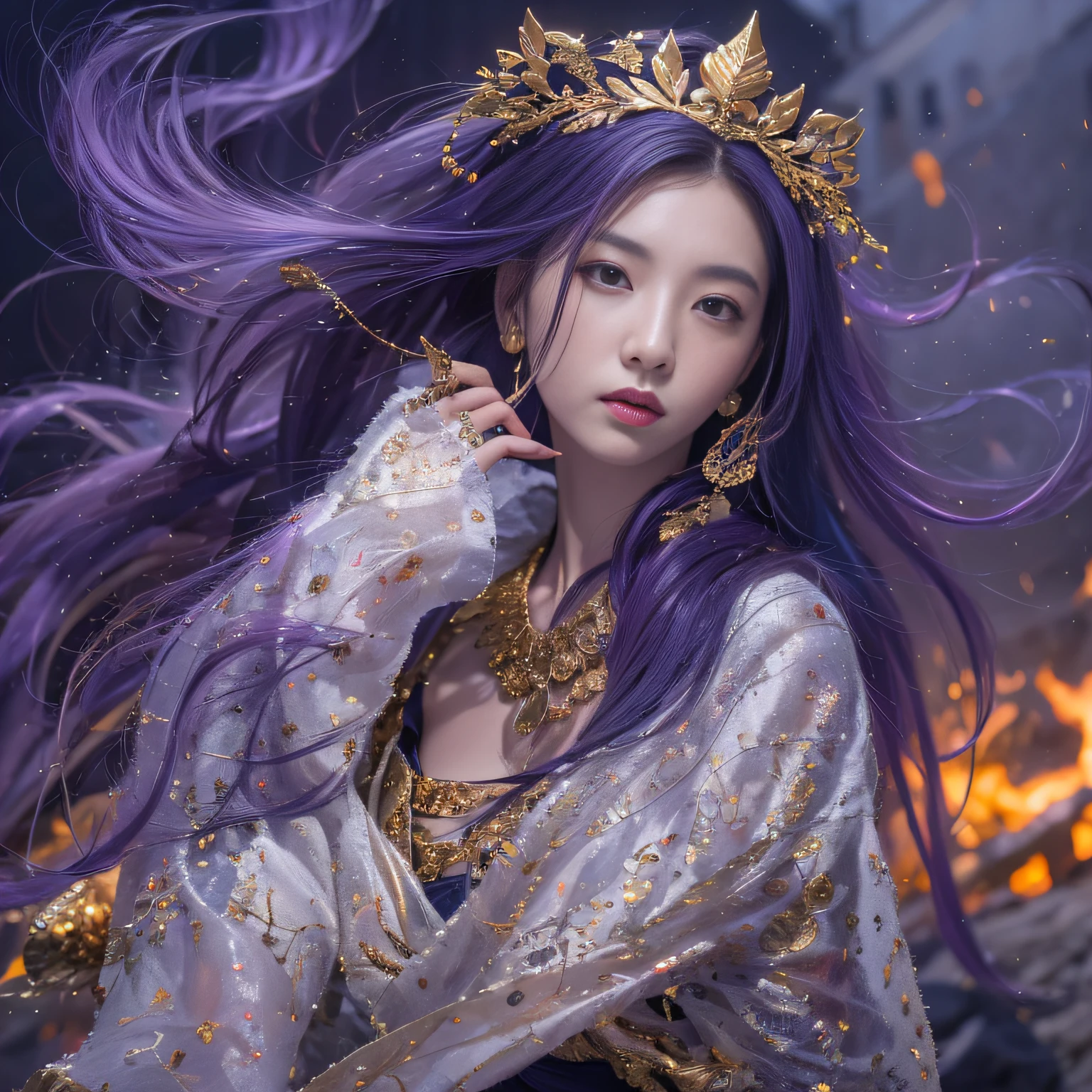 32K(tmasterpiece,k hd,hyper HD,32K)Long flowing bright purple hair,Autumn Pond,zydink, a color, Asian people (Silly girl), (Silk scarf), Combat posture, looking at the ground, long whitr hair, Floating bright purple, Fire cloud pattern gold tiara, Chinese long-sleeved gold silk garment, (abstract ink splash:1.2), white backgrounid,Lotus protector(realisticlying:1.4),Bright purple hair,Smoke on the road,The background is pure, A high resolution, the detail, RAW photogr, Sharp Re, Nikon D850 Film Stock Photo by Jefferies Lee 4 Kodak Portra 400 Camera F1.6 shots, Rich colors, ultra-realistic vivid textures, Dramatic lighting, Unreal Engine Art Station Trend, cinestir 800,Long flowing bright purple hair
