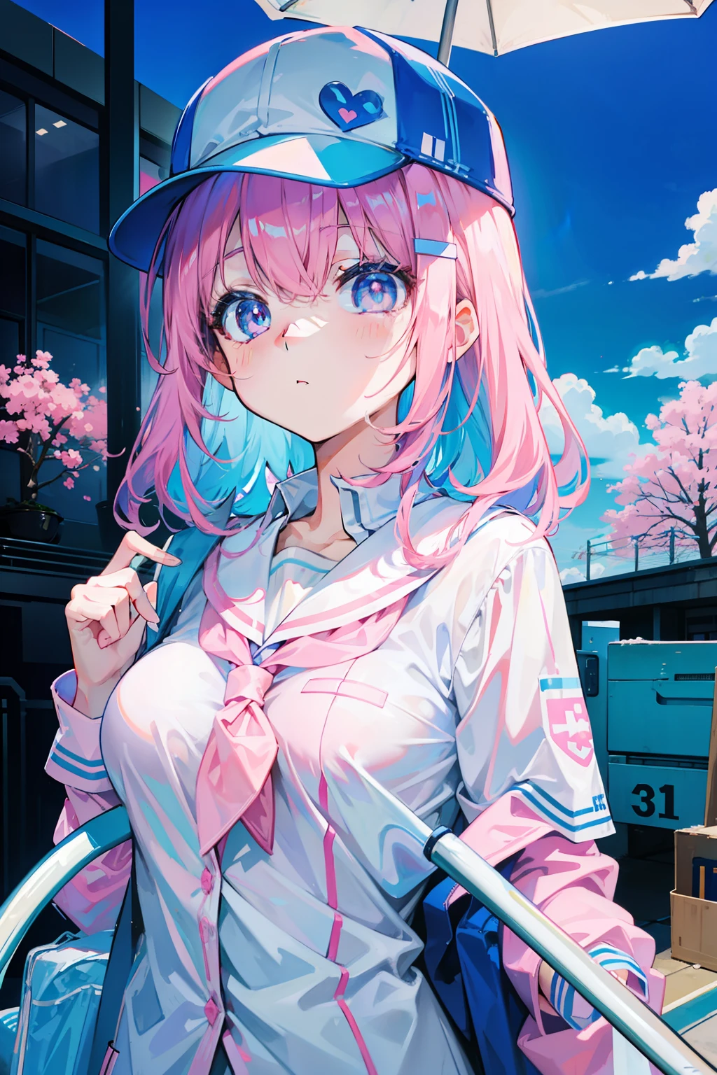light pink colored hair，Powder-blue pupils，Wear a school uniform with a combination of pink and blue，Milky loli，super beautifulgirl