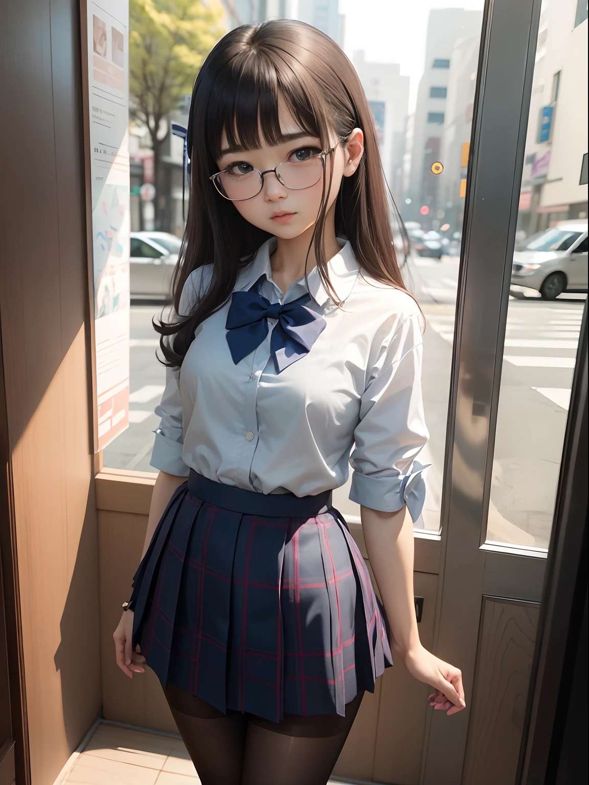 (8K、Raw photography、top-quality、masterpiece:1.2),watching at viewers,Looking at the front,bob cuts,Bullish,Muchimuchi,Erotic,Pupils,Light Blue Bra,de pele branca,kne,(Black pantyhose),absurderes,a small face,small tits,flat breast,Parting the bangs from the middle、Forehead visible,(a cold expression,Tight eyes,glares,Bullish,skinny,Rasping,irate)、masterpiece,top-quality、超A high resolution,Raw photo,ren,Beautiful fece,One Person, 独奏,eye glass,,Dark look,Small breasts,fullllbody,Round glasses、cute little、Back to Student,JK school uniform,hi-school girl,A Japanese Lady,is standing,(Photorealsitic:1.37)、Photon mapping,Realistic、Cute little face,Brown-eyed、Black socks、(Red bow tie)、Radio City、Physically Based Rendering、Foreground、depth of fields、Blurry background、a picture,The girls、Body,beauty legs, Long legs, Thin leg,Tie your hair into one strand on your chest,(Bangs are visible), hair, s lips, Blue_The eye, nosesoft,(Light blue shirt), (Navy and blue and white plaid pleated skirt), Knees are visible,Sheer clothing,, Thigh, Black cotton socks,Nogizaka Idol, 女優, Japanese ido