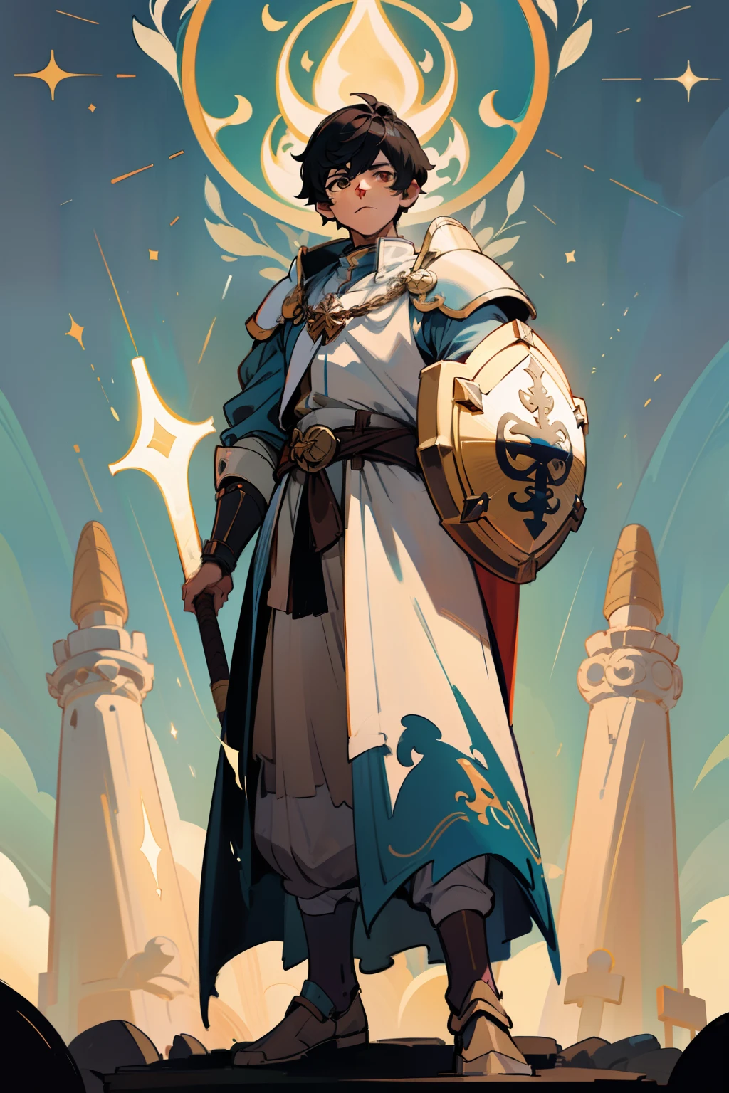 ((masterpiece - artwork - detailed - best quality)) - anime style - genshin impact style - 1 man - full body - male - black hair - brown eyes - illuminated eyes - heavenly power - cleric - medieval mace - hand - large shield - arm - white robe - blue clothes - heavy armor - golden ornaments - divine power - forest - standing - stone path - fence - stone - broken