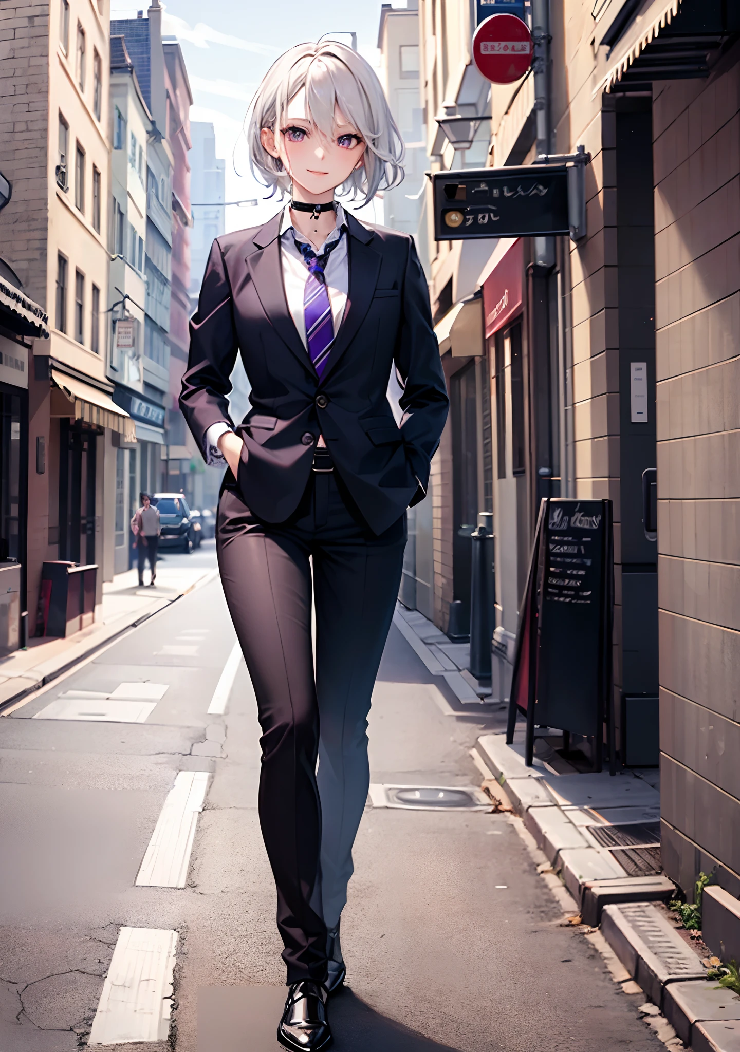 (masterpiece, best quality:1.2), cowboy shot, solo, 1girl, white hair, short wavy hair, purple eyes, slender body, light smile, looking at viewer, hands in pockets, formal, suit, necktie, black pants, choker, cityscape scenery, street, details