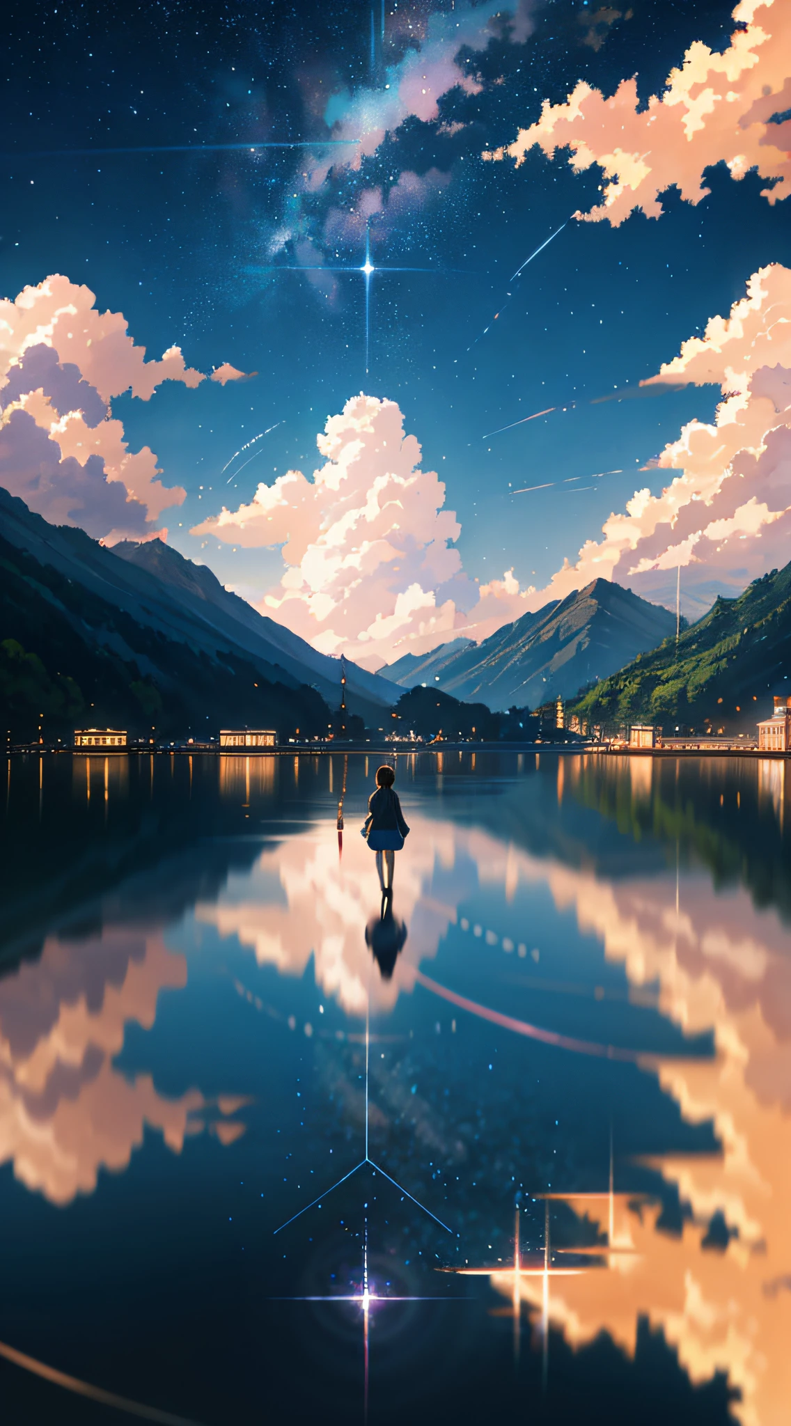 High quality masterpiece, landscape, anime train passing through bodies of water on tracks, bright starry sky. Romantic train, pixiv, concept art, lofi art style, reflection. by Makoto Shinkai, lofi art, Beautiful anime scene, Anime landscape, detailed scenery —width 672, in style of Makoto shinkai, style of Makoto shinkai, enhanced details.