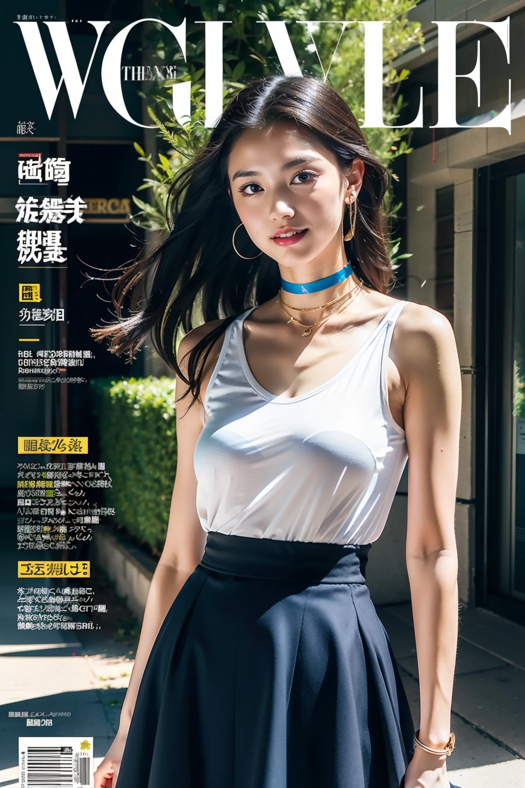 (8K分辨率,Photos above the knee in the distance,offcial art,Cover of a,(FashionMagCover:1.4),attention-grabbing,Oversized title font,Catchy,The title is larger,More eye-catching,modern day),(1womanl,20yr old,(Facial features of Thai Aom:1.8,s delicate face),Lovely face,com rosto detalhado,详细的脸,Jet-black slightly curly hair,(Fluffy and messy, with layers),Redlip,Fair smooth skin,(Fashionable casual womenswear:1.4,(Sleeveless slip T-shirt(The bandeau is light and thin,breathable),pleatedskirt(obi ?????,Delicate satin),Short waist long version,V-neck shirt,choker necklace,Formal shirts,校服,a skirt,suspender stockings),Tall and tall,walk,Embrace nature,perfect hand,Ultra-fine clothing material),(Background in the city,Exquisite environmental details,MagazineCover:1.4),(exhilarated,confident smile,Rejoice),(Cover typography,profesional lighting,动态照明),((Strong color contrast,(black in color,blue colors,red colour))),(Golden section,Cover of a,low angle shot,Dynamic photography,Hasselblad photograp,tmasterpiece:1.3),(trendsetting,focus-on,vogue cover,Dynamic street art,Art platform)