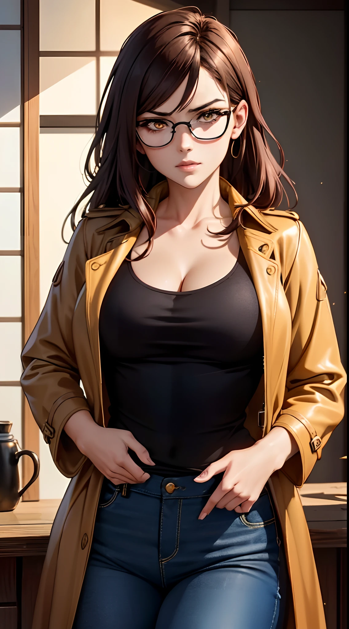a beautiful woman with voluminous orange-brown long hair, featuring well-defined and deep facial features, her eyes emanate a resolute gaze, she is dressed in a form-fitting leather jacket and pants in shades of dark red and dark yellow, layered over her attire is a loose oversized trench coat, her movements convey an air of restlessness and unease, the character design portrays a punk-style character with a Japanese anime design, the artwork features finely detailed character design, showcasing a mature Japanese manga artistic style, ((character concept art)), high definition, best quality, ultra-detailed, extremely delicate, anatomically correct, symmetrical face, extremely detailed eyes and face, high quality eyes, creativity, RAW photo, UHD, 8k, (Natural light, professional lighting:1.2, cinematic lighting:1.5, best shadow), (masterpiece:1.5)