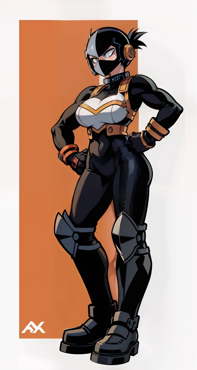My Hero Academia style, anime Girl, female, wide thighs, wide hips, Large breast, muscular woman, trending on artstation pixiv, (full body shot:0.5), Masterpiece, fullbody suit, Hero costume, Head Covering, Helmet, Face Covering, Mask, Perfect Anatomy, Super Detailed,