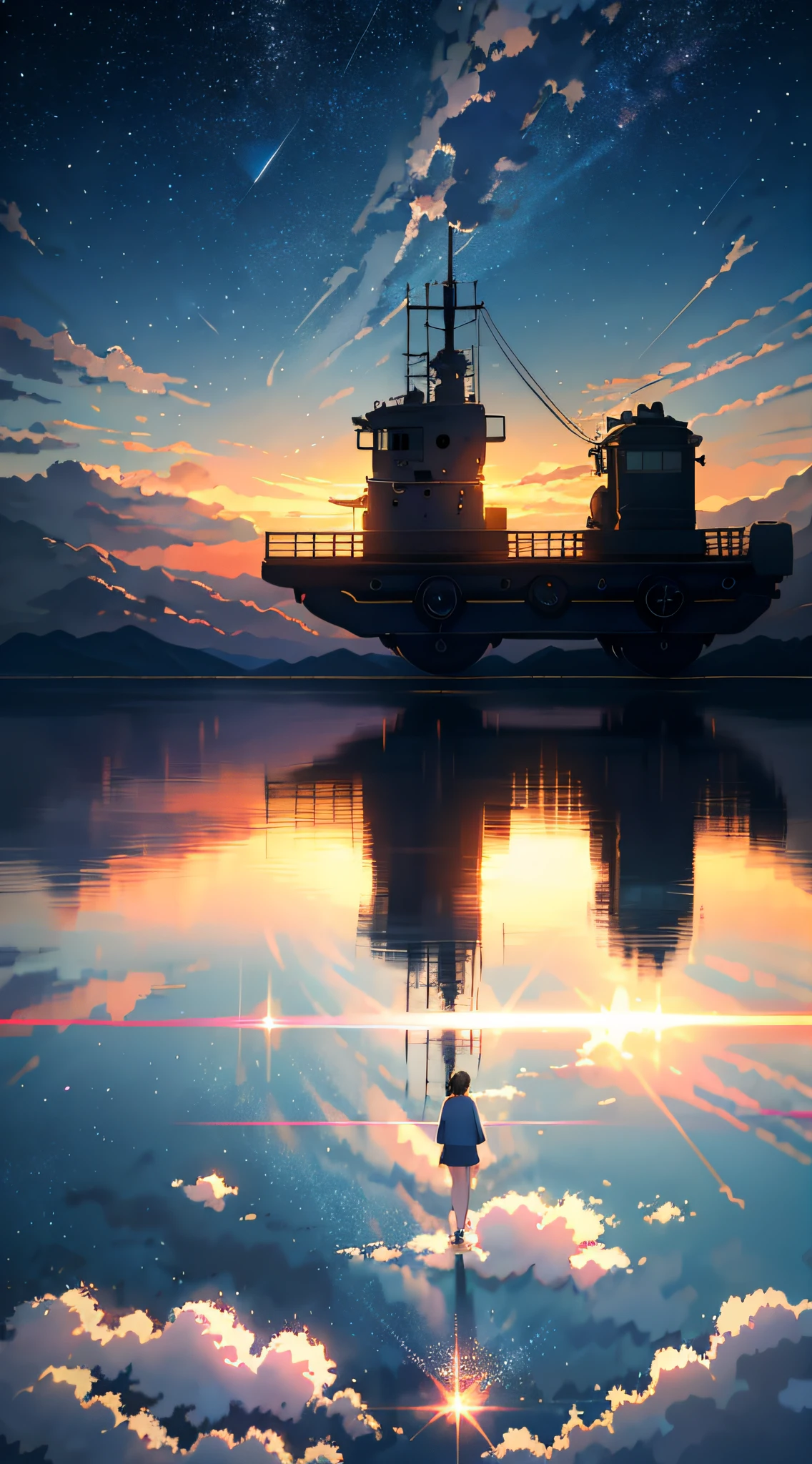 High quality masterpiece, landscape, anime train passing through bodies of water on tracks, bright starry sky. Romantic train, pixiv, concept art, lofi art style, reflection. by Makoto Shinkai, lofi art, Beautiful anime scene, Anime landscape, detailed scenery —width 672, in style of Makoto shinkai, style of Makoto shinkai, enhanced details.