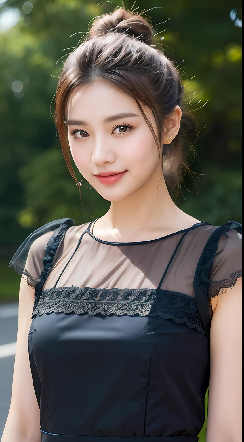 (Best quality, 8K, masterpiece:1.3)) , (one person: 1.4), 1girl, a Korean woman, a goddess, 25 years old, portrait photography, high contrast, God perspective, aperture F1.2, focal length 24mm, ( Full body: 1.2), smile, pose for photos, fine lace, slip dress, simple cut dress, brand dress, simple cut, long black hair, hair tied up, super detailed skin details, detailed fabric texture