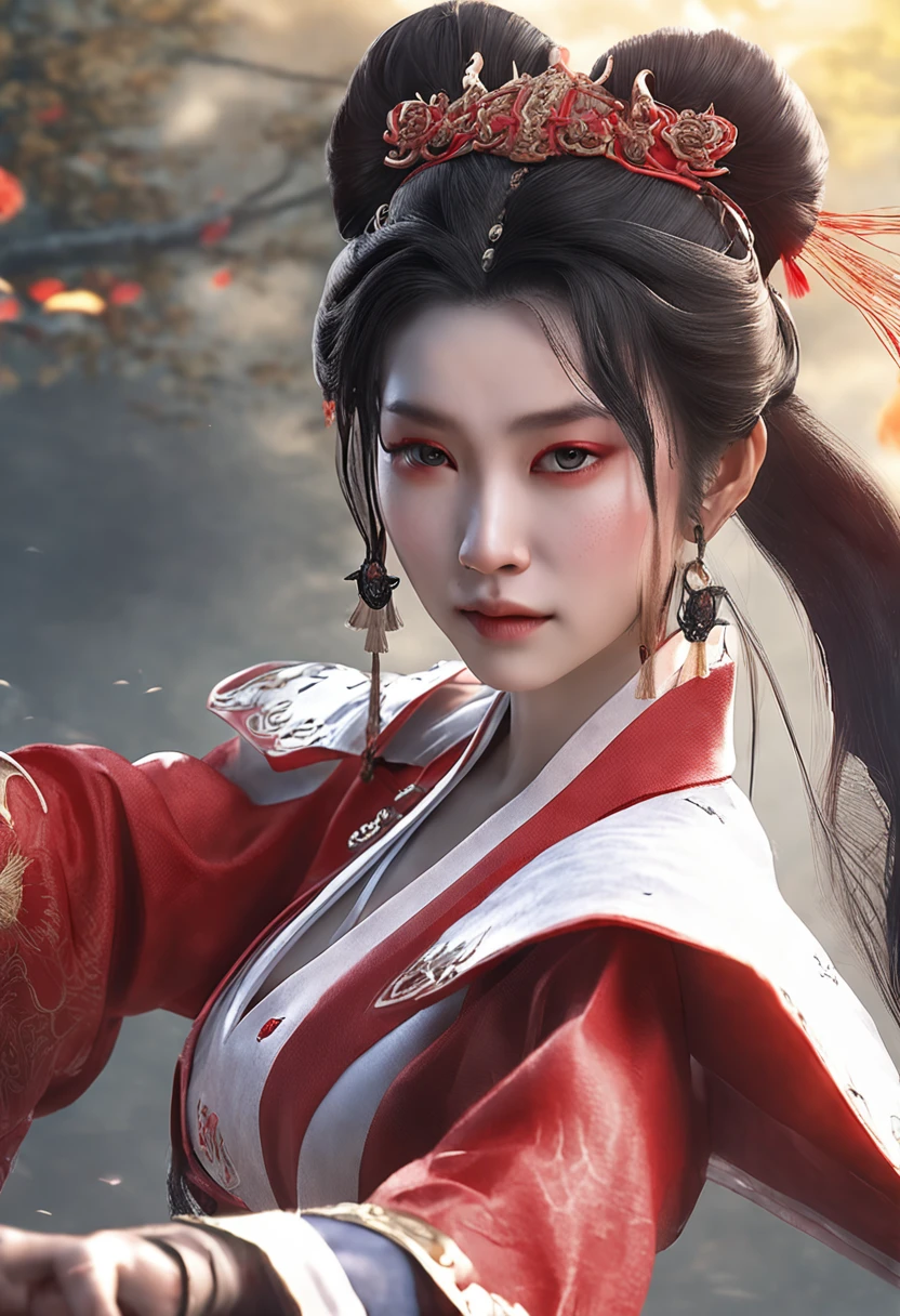 A woman dressed in a red Han Chinese costume holds a sword in front of a crowd, xianxia fantasy, Wuxia, full-body wuxia, Hanfu, xianxia hero, inspired by Du Qiong, Chinese fantasy, three kingdom, Palace, A girl in Hanfu, Aegis, The costumes are exquisite, Beautiful face, Dignified, vibrancy, hair adornments, Chiaroscuro, Cinematic lighting, hyper HD,, Anatomically correct, Textured skin, Masterpiece, 4K