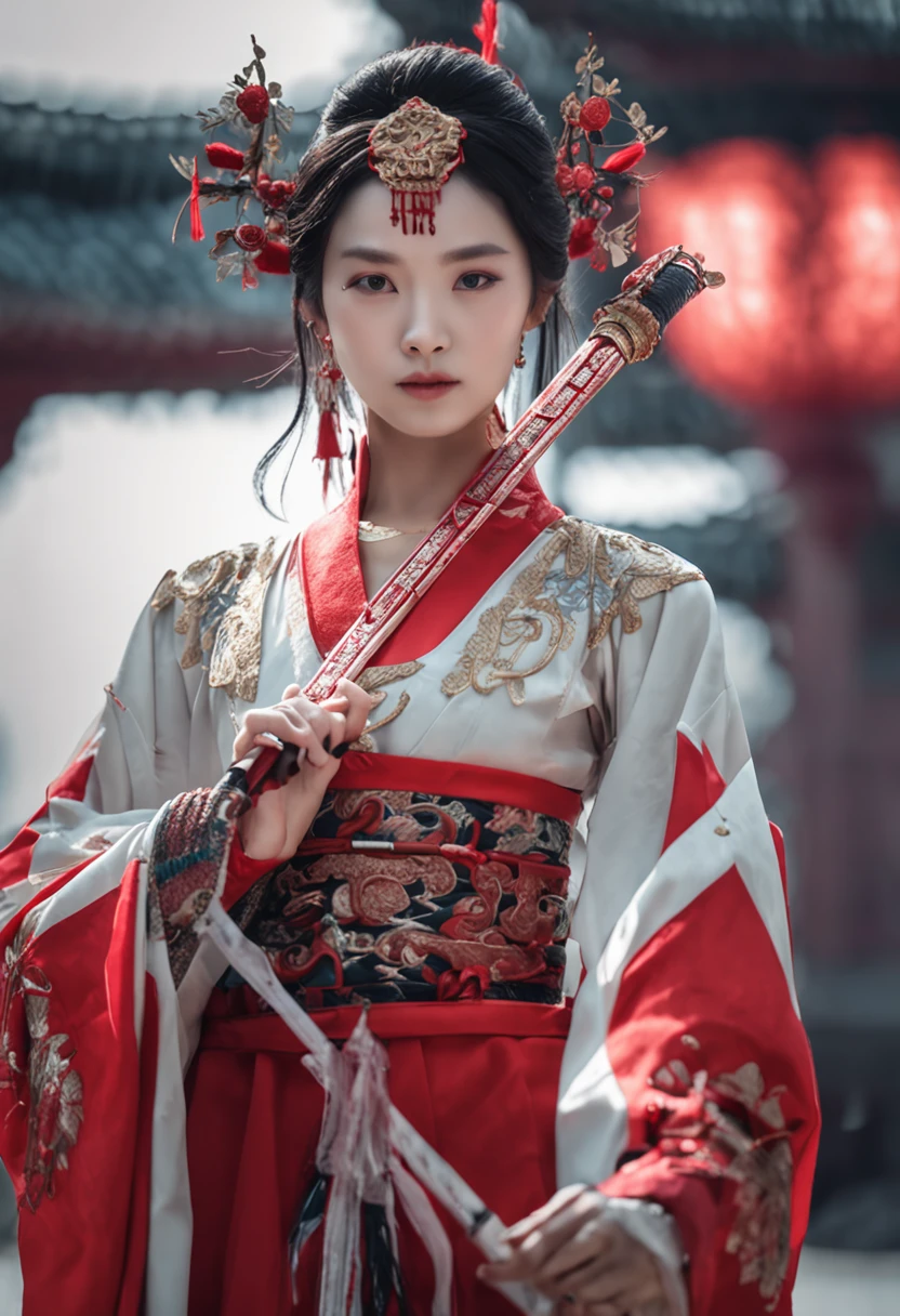 A woman dressed in a red Han Chinese costume holds a sword in front of a crowd, xianxia fantasy, Wuxia, full-body wuxia, Hanfu, xianxia hero, inspired by Du Qiong, Chinese fantasy, three kingdom, Palace, A girl in Hanfu, Aegis, The costumes are exquisite, Beautiful face, Dignified, vibrancy, hair adornments, Chiaroscuro, Cinematic lighting, hyper HD,, Anatomically correct, Textured skin, Masterpiece, 4K