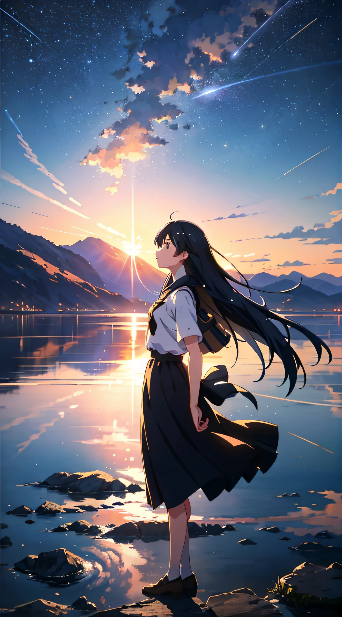 High quality masterpiece, landscape, anime train passing through bodies of water on tracks, bright starry sky. Romantic train, pixiv, concept art, lofi art style, reflection. by Makoto Shinkai, lofi art, Beautiful anime scene, Anime landscape, detailed scenery —width 672, in style of Makoto shinkai, style of Makoto shinkai, enhanced details.