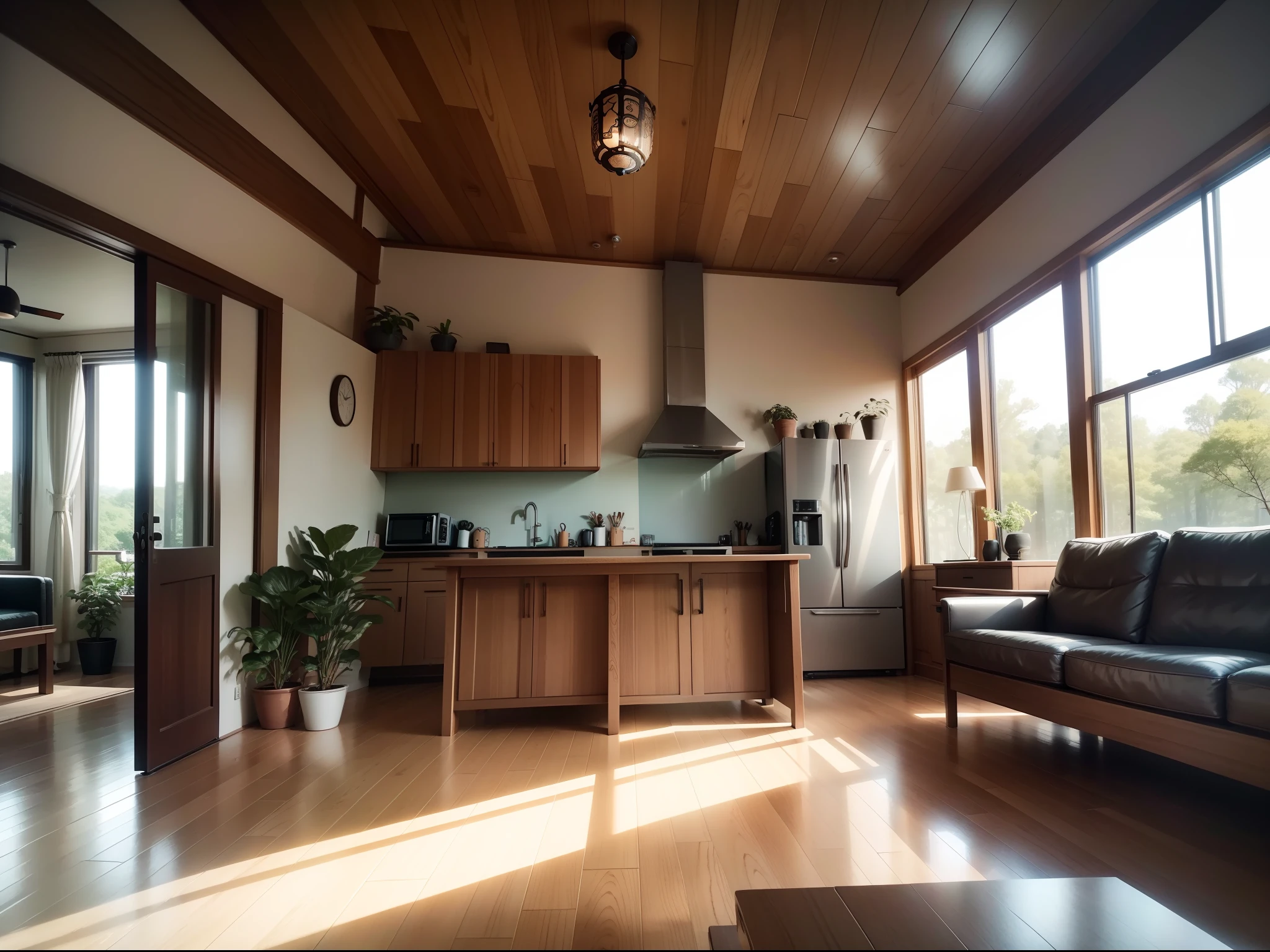 interior design、Insanely detailed wide-angle architectural photo、Cozy contemporary living room、(Bright and warm sunlight 1:0.1)、Award-winning contemporary interior design、landscapes、The table、a chair、in a house、Wooden flooring、window、resturant、east asian east asian architecture、sliding paper doors、abajour、architectural、the woods、naturey、cups、a plant、interior design、Insert lighting and shadows、depth of fields、low illuminance