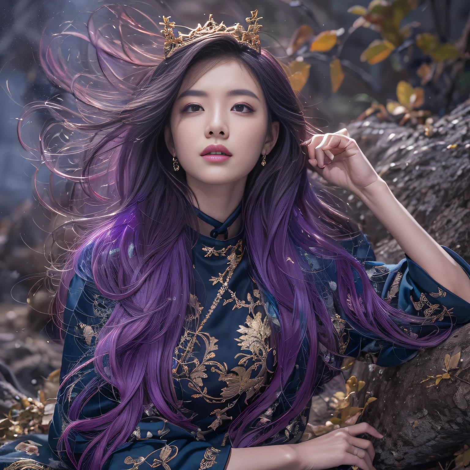 32K(tmasterpiece,k hd,hyper HD,32K)Long flowing bright purple hair,Autumn Pond,zydink, a color, Asian people (Silly girl), (Silk scarf), Combat posture, looking at the ground, long whitr hair, Floating bright purple, Fire cloud pattern gold tiara, Chinese long-sleeved gold silk garment, (abstract ink splash:1.2), white backgrounid,Lotus protector(realisticlying:1.4),Bright purple hair,Smoke on the road,The background is pure, A high resolution, the detail, RAW photogr, Sharp Re, Nikon D850 Film Stock Photo by Jefferies Lee 4 Kodak Portra 400 Camera F1.6 shots, Rich colors, ultra-realistic vivid textures, Dramatic lighting, Unreal Engine Art Station Trend, cinestir 800,Long flowing bright purple hair
