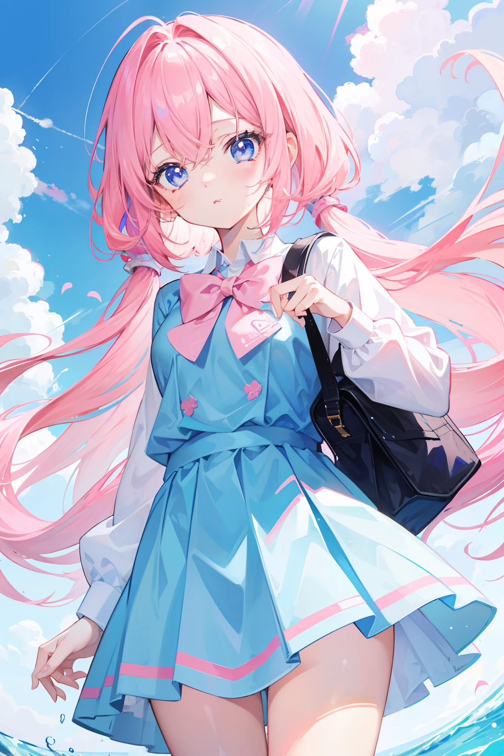 light pink colored hair,Powder-blue pupils,Wear a school uniform with a combination of pink and blue,Milky loli,super beautifulgirl