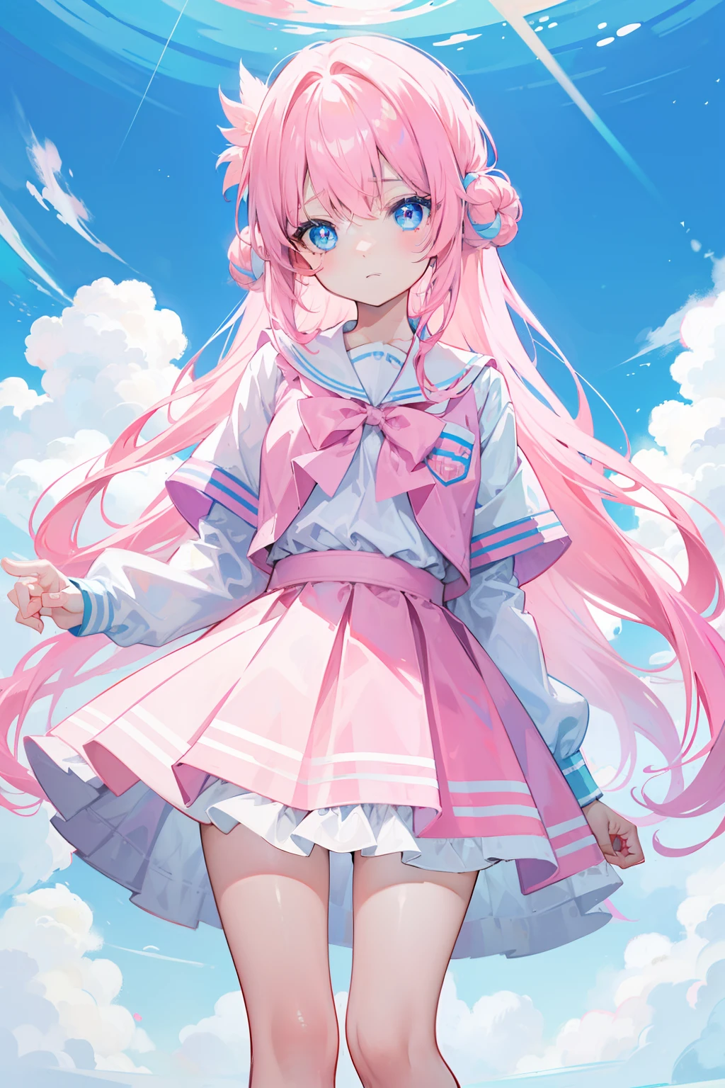 light pink colored hair,Powder-blue pupils,Wear a school uniform with a combination of pink and blue,Milky loli,super beautifulgirl