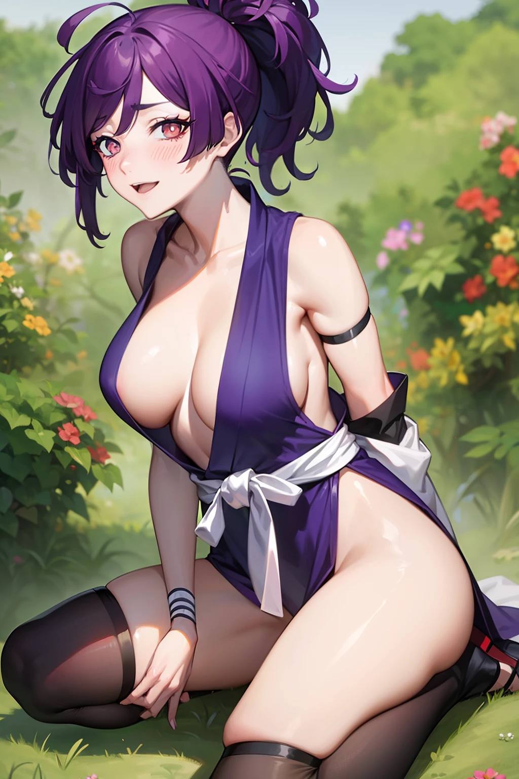 Best Quality, masutepiece, (leaning down:1.2), 1girl in, yuzuriha_(jigokuraku), Purple hair, Brown eyes, ninjartist, Open your clothes, , Small breasts,t, Medium Hair, breast apart, Sve smile, (blush:1.1), japanese exterior, temple, A town in the Warring States period, Town (NSFW 1.1)