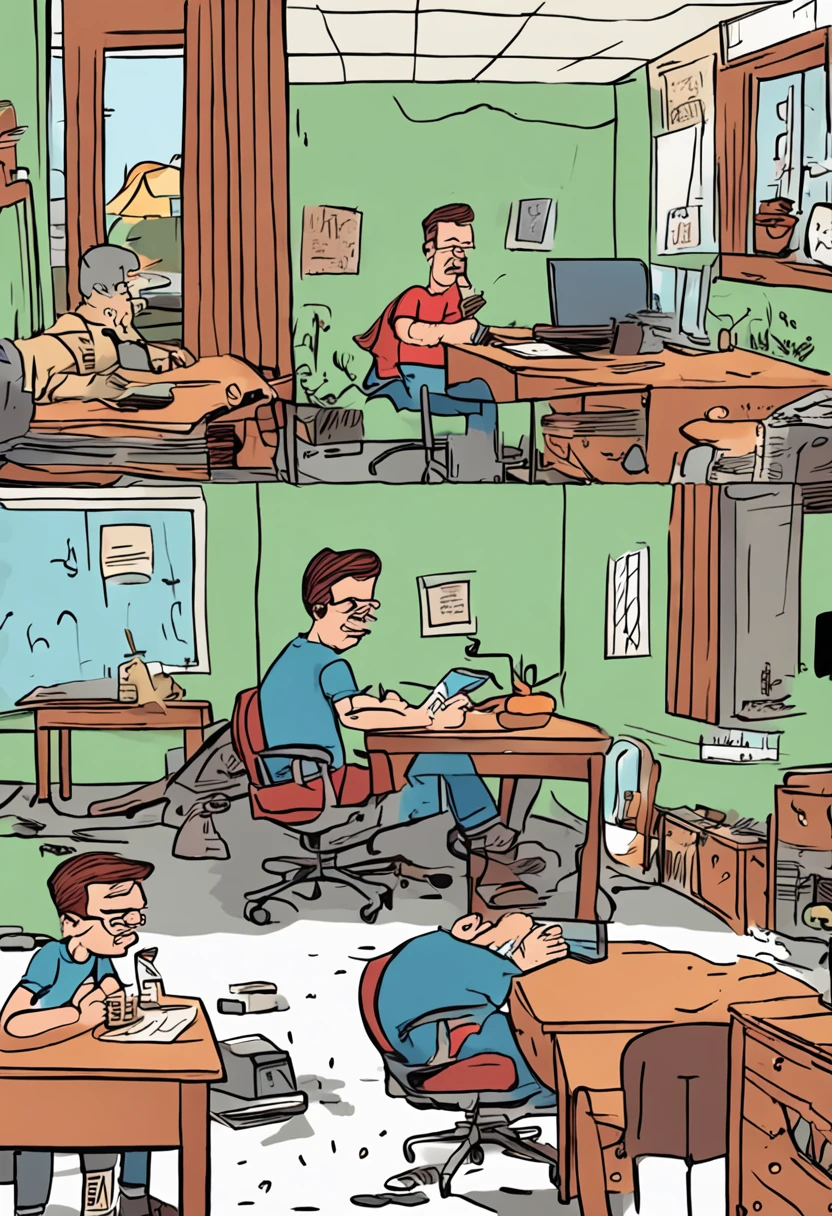 Comic strip with four frames about a boy showing a coin to his dad that is using the laptop in the armchair, cartoon art style, ::n_bad anatomy, mutation, mutilation, deformity, poorly drawn, extra arms, extra legs, missing arms, missing legs, mutated hands, mutated feet, fused fingers, extra fingers, long neck, disfigured features, gross proportions, asymmetrical, blurry, ugly, extra eye, missing eye, deformed skull, malformed limbs, mutated mouth, missing teeth, extra teeth, malformed teeth, gross, disgusting, deformed spine, distorted bones, missing bones, out of frame, low resolution, low quality, normal quality, jpeg artifacts, signature, watermark, username, text, error, missing components, extra components, cropped, worst quality, low-res, bad proportions