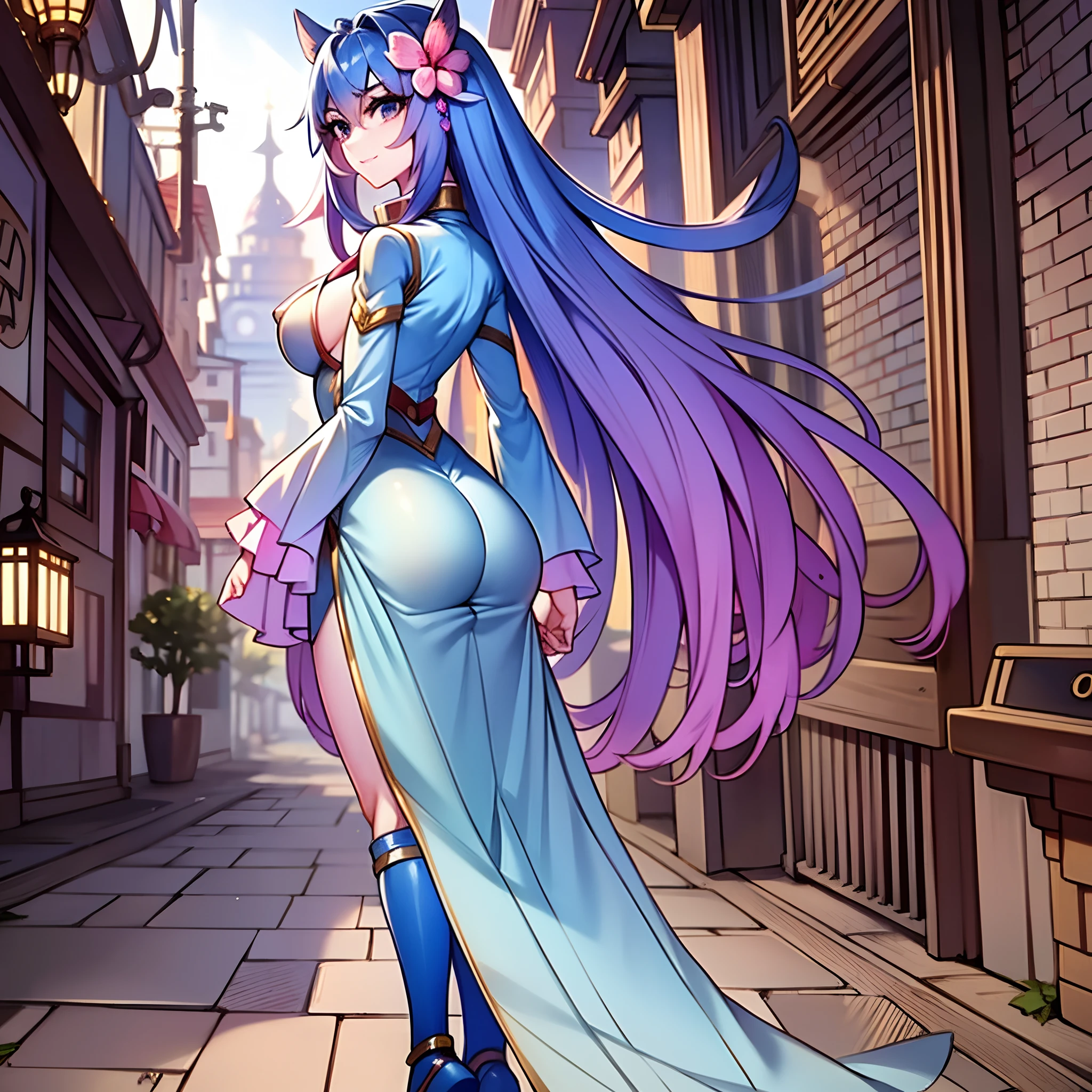 (masterpiece: 1.2), best quality, ultra high res, shiny skin, mature female, fashi-g, ultra high res, perfect anatomy, best shadow, best quality, ((1girl, solo)), hair ornament, very long hair, huge breasts, smile, looking at viewer, very long hair, long sleeves, blue eyes, blue hair, bangs, hair between eyes, long dress, high boots, flower, full body, from behind, big ass