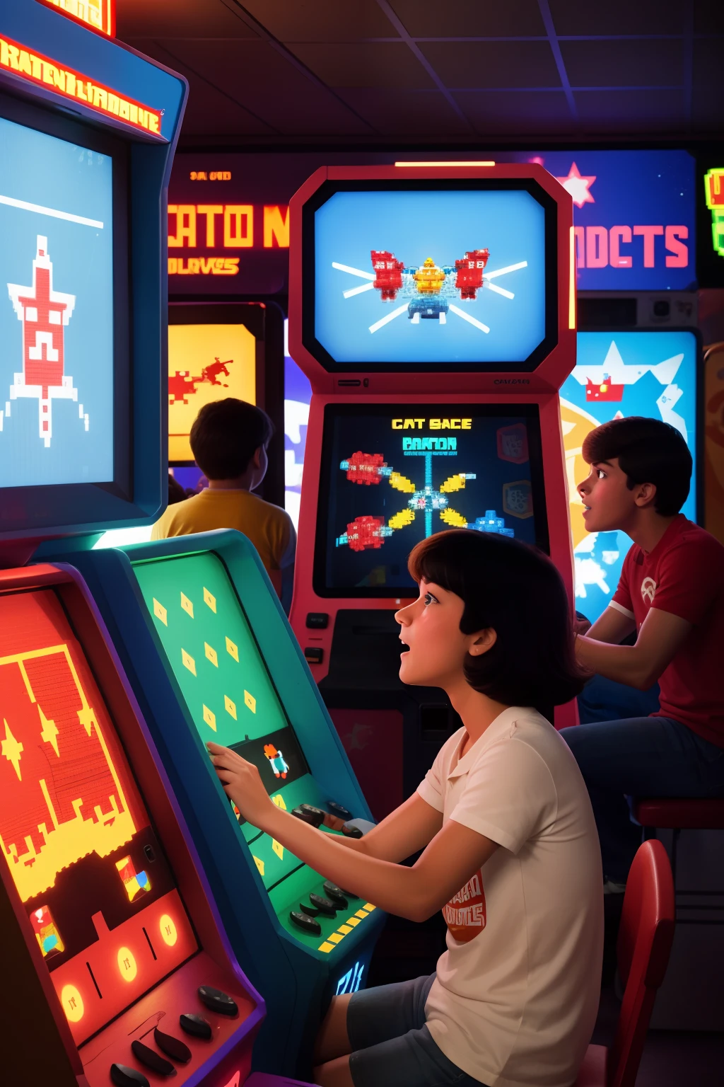 Date: 1984
Country: United States
Description: In a suburban arcade, a group of friends competes in a heated game of Space Invaders, their faces lit up by the colorful screen.