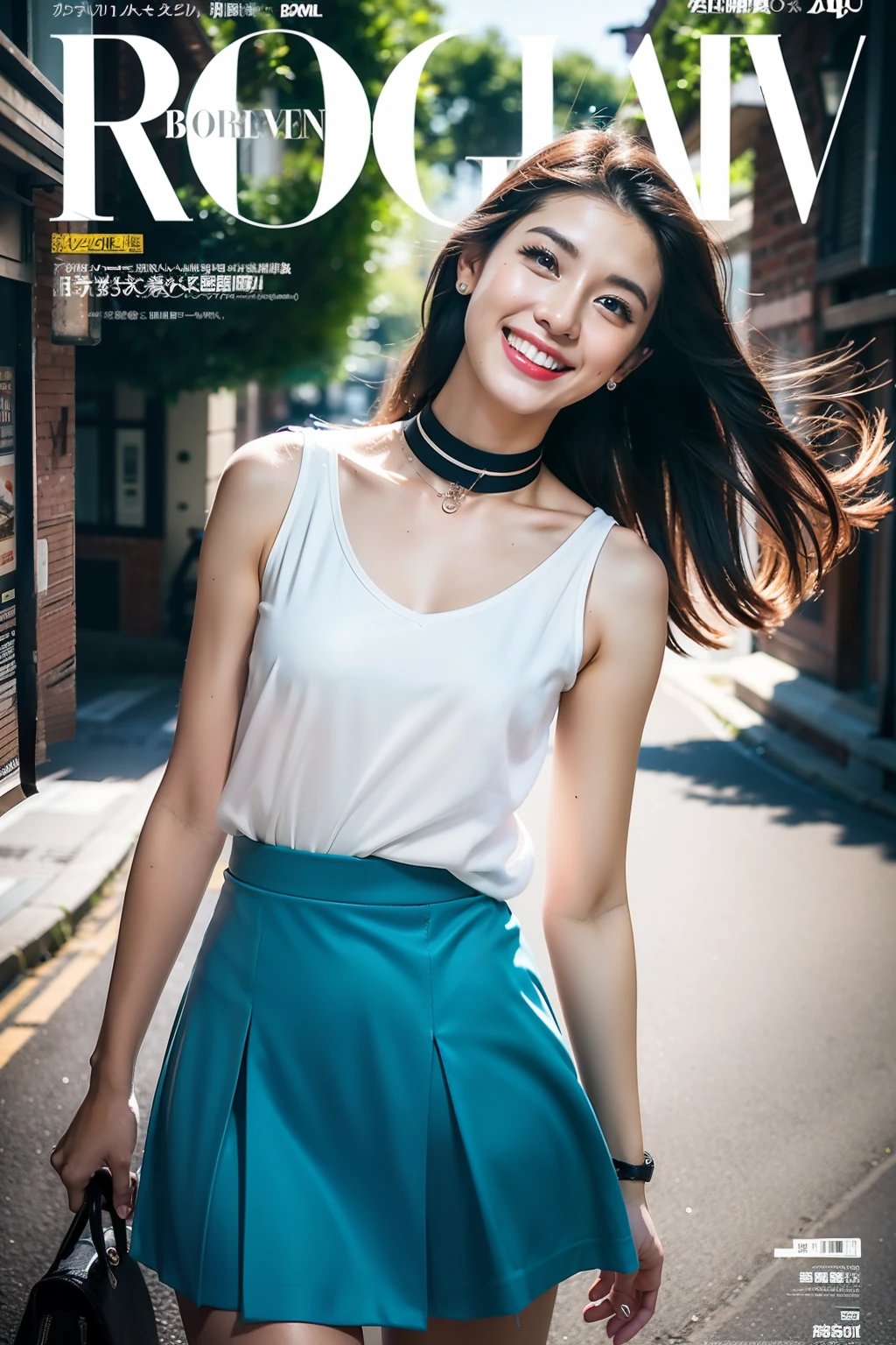 （8K分辨率，Photos above the knee in the distance，offcial art，Cover of a，（FashionMagCover：1.4），attention-grabbing，Oversized title font，Catchy，The title is larger，More eye-catching，modern day），（1womanl，20yr old，（Facial features of Thai Aom：1.8，s delicate face），Lovely face，com rosto detalhado，详细的脸，Jet-black slightly curly hair，（Fluffy and messy, with layers），Redlip，Fair smooth skin，（Fashionable casual womenswear：1.4，（Sleeveless slip T-shirt（The bandeau is light and thin，breathable），pleatedskirt（obi strip，Delicate satin），Short waist long version，V-neck shirt，choker necklace，Formal shirts，校服，a skirt，suspender stockings），Tall and tall，walk，Embrace nature，perfect hand，Ultra-fine clothing material），（Background in the city，Exquisite environmental details，MagazineCover：1.4），（exhilarated，confident smile，Rejoice），（Cover typography，profesional lighting，动态照明），（（Strong color contrast，（black in color，blue colors，red colour））），（Golden section，Cover of a，low  angle shot，Dynamic photography，Hasselblad photograp，tmasterpiece：1.3），（trendsetting，focus-on，vogue cover，Dynamic street art，Art platform）