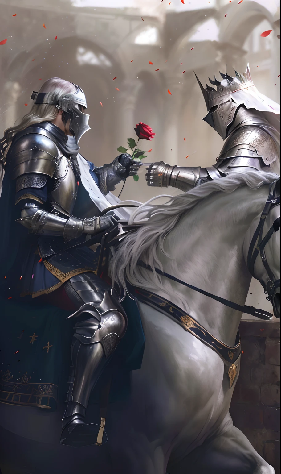 There was a man in armor riding a horse，holding a rose in a hand, Knights, cavalier, Medieval fantasy art, knights in battle, graphic artist magali villeneuve, magali villeneuve', painting of a knight, Knights and princesses, author：Ludvik Konazevsky, Fallen Knight, author：Ludwik Konarzewski Jr, fantasy knight