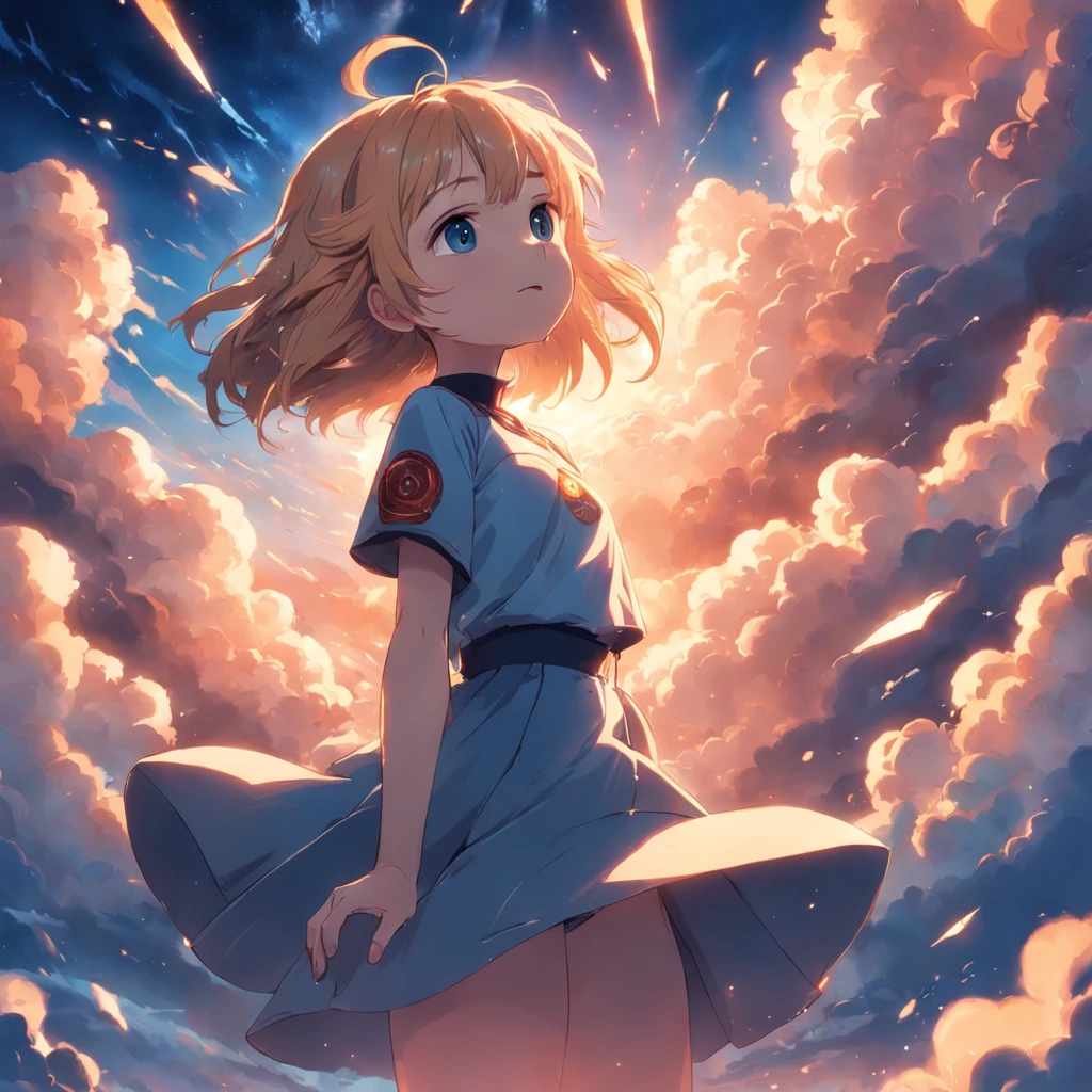 masterpiece, best quality, movie still, 1girl, cloud girl, floating in the sky, close-up, bright, happy, warm soft lighting, sunset, (sparks:0.7)