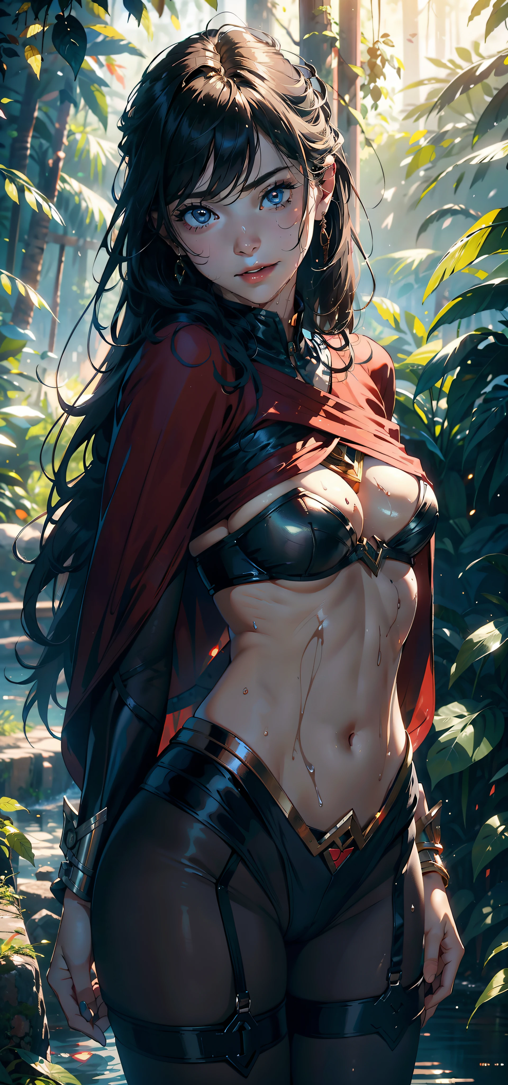 1female,11yo,bit girl,smallunderboob ,nice hand,Pornographic exposure, 独奏,(Background with:ln the forest,the rainforest,in summer,Water on the ground,exteriors) ,Stride,Sweat profusely,drenched all over the body,seen from the front,blond straight hair , mostly cloudy sky,(((tmasterpiece),(Very detailed CG unity 8K wallpaper),best qualtiy,cinmatic lighting,detailed back ground,beatiful detailed eyes,Bright pupils,(Very fine and beautiful),(Beautiful and detailed eye description),ultra - detailed,tmasterpiece,)),face to the viewer,frontage,A high resolution,ultra - detailed)nakeness,Wipe off panties,revealing breasts,Bare genitalia, Bulge,Camel toes,Raised sexy,Lewd expression,Flushed complexion,Open-mouthed,frontage,wonder women(Wearing:red capelet,Pantyhose)ssmile