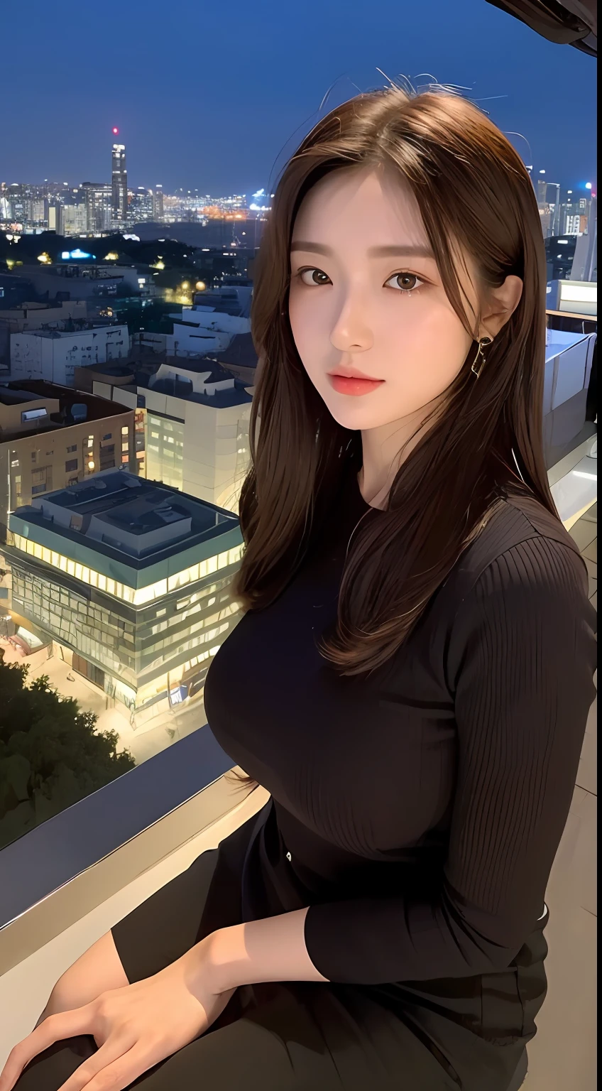 ((Midnight, Excellent, 8K, Masterpiece: 1.3)), Full body, Long legs, Focal length: 1.2, Perfect Body Beauty: 1.4, Slim Abs: 1.1, ((Dark Brown Hair, Big Breasts: 1.2 )), (Standing: 1.2), ((City Night View, Roof: 1.3)), Highly detailed face and skin texture, Detailed eyes, Double eyelids
