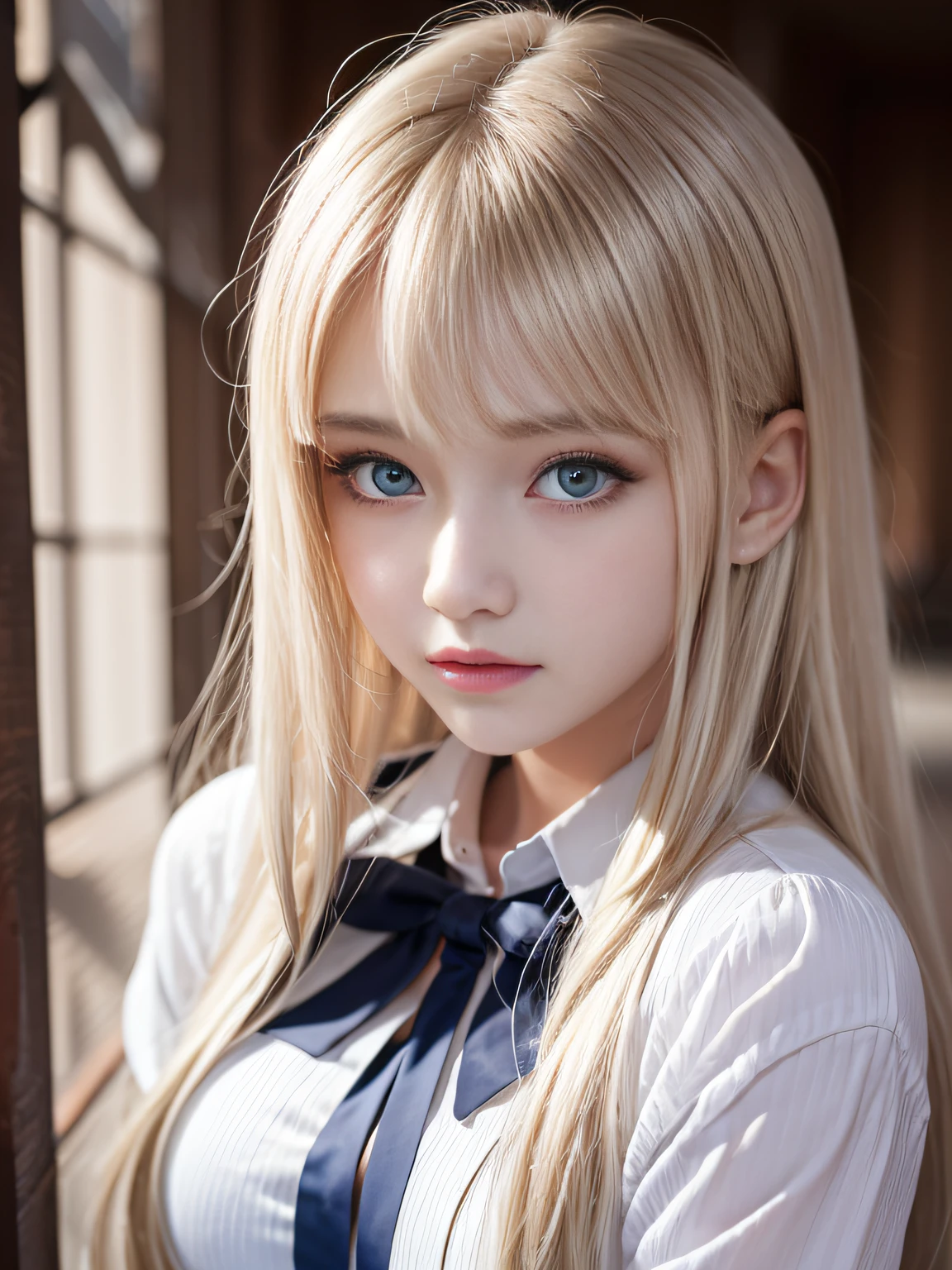 portlate、School Uniforms、bright expression、Young shiny shiny white shiny skin、Best Looks、Blonde reflected light、Platinum blonde hair with dazzling highlights、shiny light hair,、Super long silky straight hair、Beautiful bangs that shine、Glowing crystal clear attractive big blue eyes、Very beautiful nice cute girl、Lush bust、