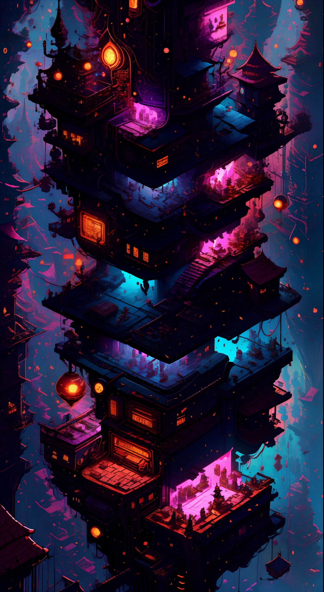 ((best qualtiy)), ((tmasterpiece)), (The is very detailed:4.5),Best quality, Cyberpunk cyberpunk street scene, Cityscape, Dazzling cyberpunk skyscrapers, Neon signs, LED lights, Wet and rainy, Bright and vivid color scheme, anime big breast, illustration, Intricate details, Ultra detailed, Cinematic lighting, Dark shadows..3D,(isometry:1.4), without humans, StackedCityAI, Welcome to the new circuit,Huge big city,Twinkling skyscrapers pierce the night sky,Luminous circuits are woven in all aspects of life。In this isometric cyberpunk metropolis,The physical and digital realms are intertwined,You'll find yourself at the center of a thrilling conspiracy。As you drive through the dazzling streets,Your eyes will be drawn to the mesmerizing glow of the elevated data highway that criss-crosses the cityscape。Vibrant light flow and information pulsation,Connecting the inhabitants of NeoCircuit to a world of endless possibilities。Isometric views reveal the intricate layers of the city,Bustling street display、Towering arcs and secret alleys that hide secrets and opportunities。But in this neon-lit maze,Something insidious lurks in the shadows。The city's power broker、Elusive hackers and corrupt companies vie for control,Use advanced technology to manipulate city dwellers。strong artificial intelligence,It is called an oracle,Pull the strings from the depths of cyberspace,Its true intentions are obscured by mystery。Olette,An unlikely protagonist,Possess unique skills,Make you a target and a potential savior。Equipped with cutting-edge neural implants and augmented reality interfaces,You have the power to unlock the mysteries of the city,Uncover the truth behind NeoCircuit's dark hinterland。An isometric perspective captures the immense complexity of the city,Provides a glimpse of hidden corners and secret hideouts,Clues to magnificent puzzles await you at every corner。As you delve into the neon-lit underground world,You'll meet a wide variety of characters,Everyone has their own motiv