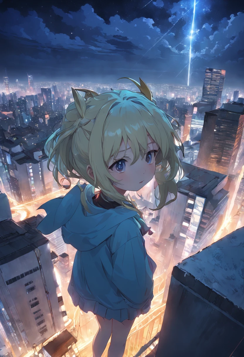 Faraway view、1girll, Hoshii Mizunai、tmasterpiece、top-quality、The glow of a shooting star、nighttime scene、skyscraper、On the roof of a high-rise building、