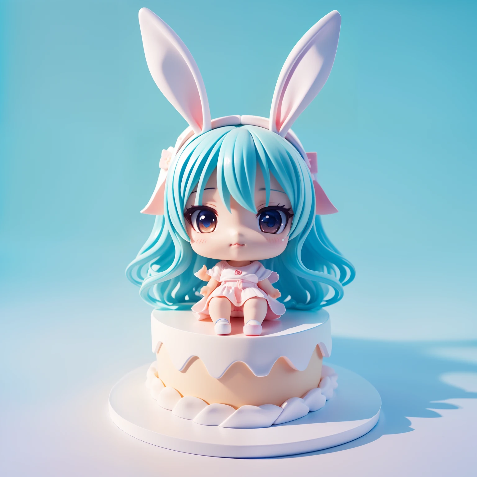 (((chibi 3d))) (Best Quality), (masutepiece) Chibi Anime Deformed Style,Rabbit lop-eared,a dolphin, Party City Big Cake Unisex White Variety Goods,The background is the Caribbean Sea,Blue Sea、White waves,close-up face.